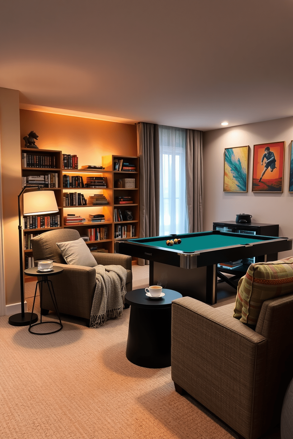 A stylish basement game room designed for relaxation and entertainment. The space features a plush sectional sofa facing a large flat-screen TV, with a custom-built bar area stocked with drinks and snacks. Large windows provide outdoor access, allowing fresh air to flow into the room. The decor includes vibrant artwork and cozy lighting, creating an inviting atmosphere for game nights with friends and family.