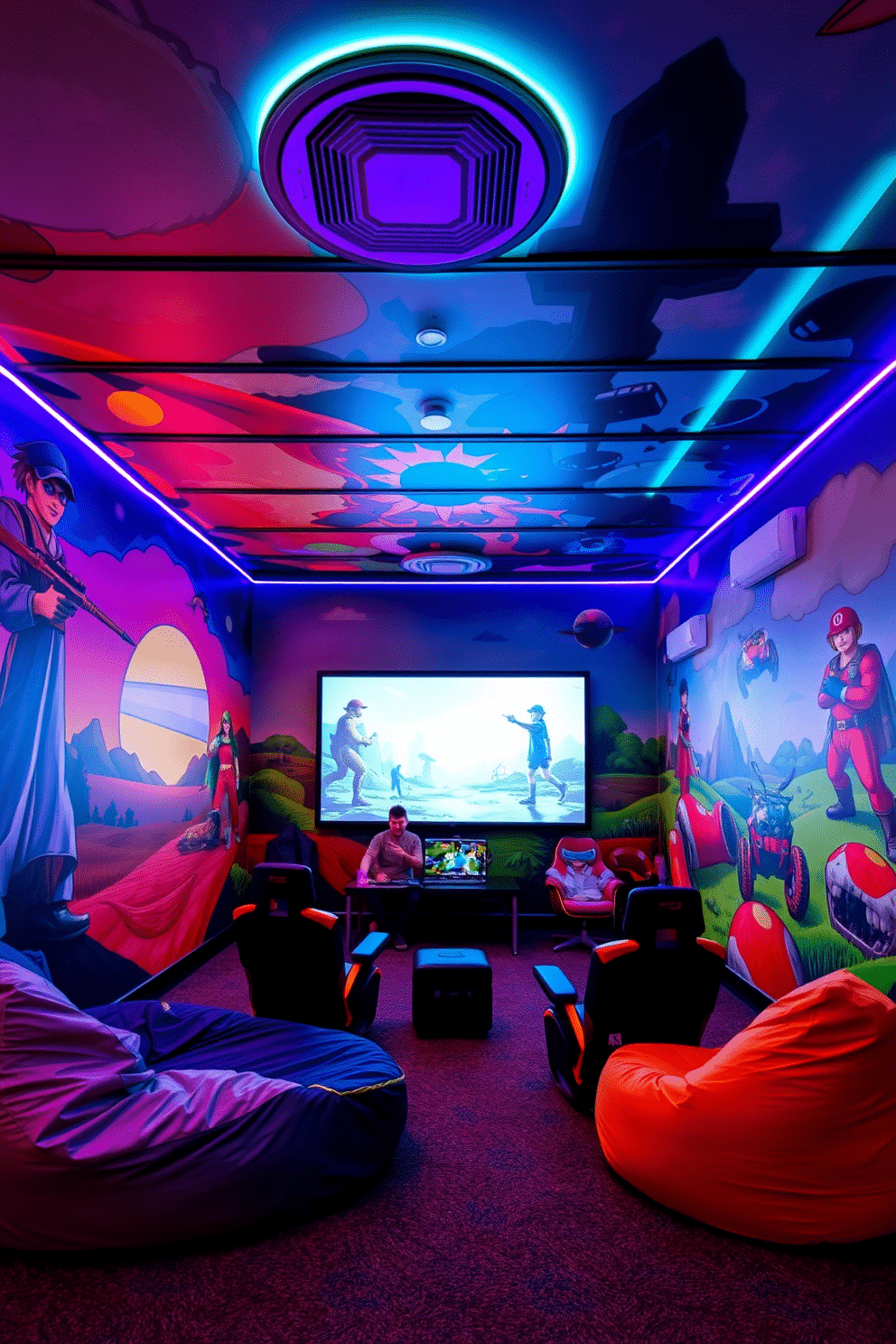 A vibrant game room featuring large, colorful murals depicting iconic gaming characters and landscapes. The walls are adorned with dynamic artwork that reflects a mix of retro and modern gaming styles, creating an immersive atmosphere. The room includes comfortable seating arrangements with bean bags and gaming chairs, positioned around a large screen for optimal viewing. Ambient LED lighting highlights the murals and adds a playful glow to the space, enhancing the overall gaming experience.