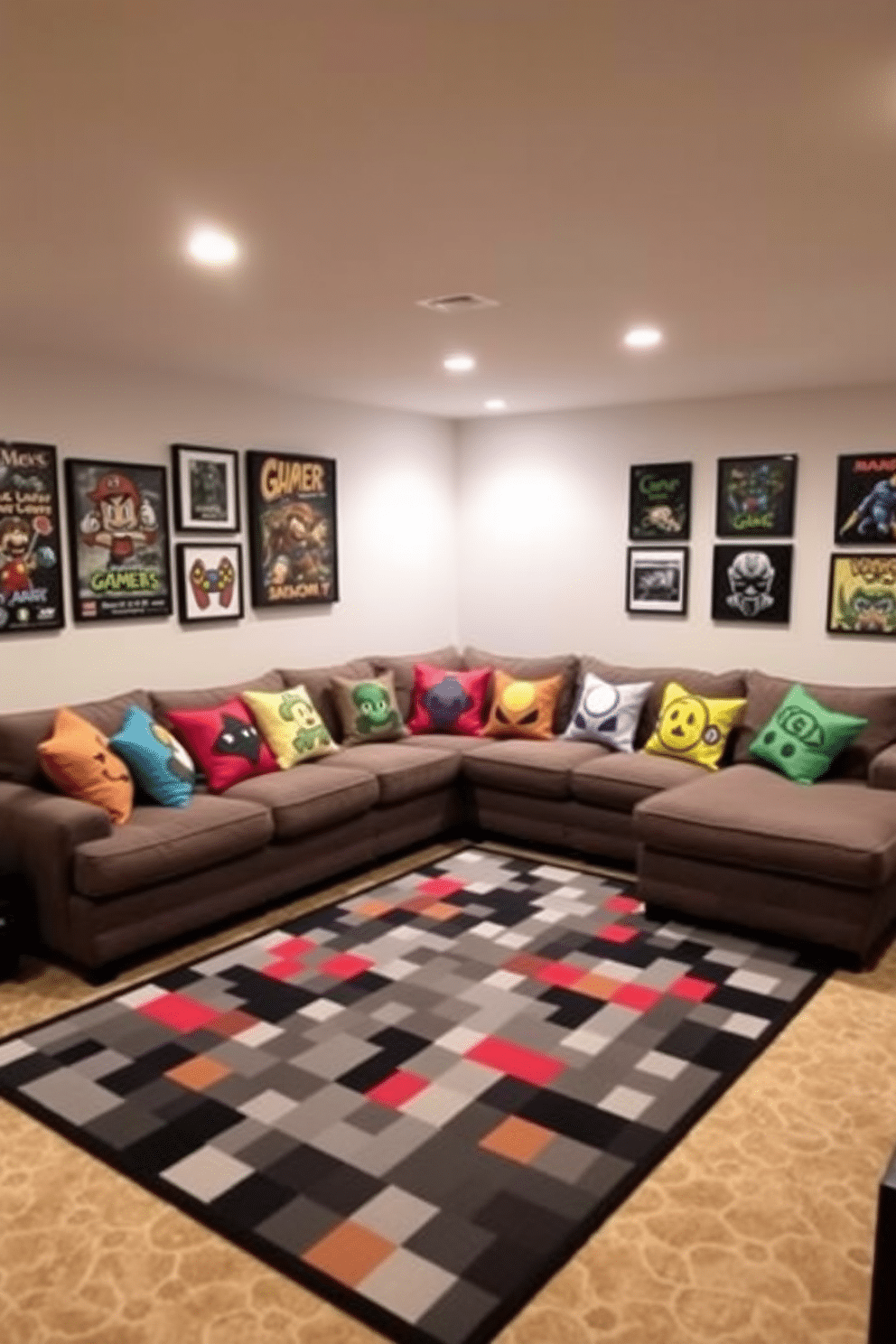 A cozy basement game room filled with vibrant game-themed throw pillows scattered across a plush sectional sofa. The walls are adorned with framed game art, and a large rug featuring a pixelated design anchors the space, creating an inviting atmosphere for gaming enthusiasts.