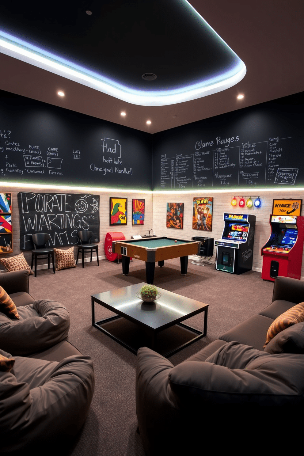 A basement game room features a large chalkboard wall, perfect for jotting down notes and scores during game nights. The space is filled with comfortable seating, including a plush sectional sofa and bean bags, creating an inviting atmosphere for friends and family to gather and play. The room is accented with vibrant wall art and LED strip lighting that adds a playful touch. A sleek coffee table sits at the center, surrounded by a pool table and arcade games, ensuring endless entertainment options.