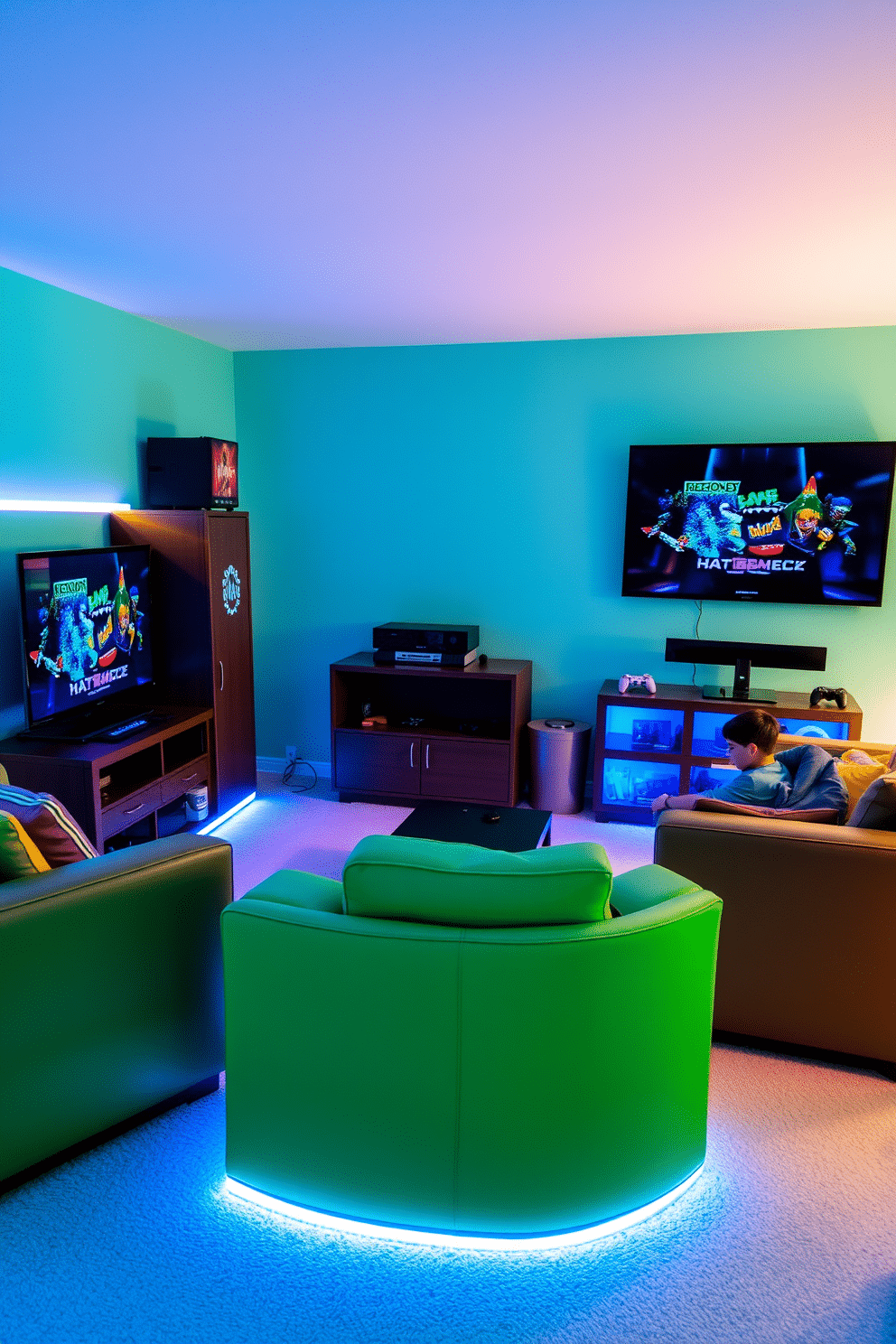 A vibrant multi-game console station designed for family fun. The setup includes a sleek entertainment unit with multiple gaming consoles, a large flat-screen TV mounted on the wall, and comfortable seating for everyone. The walls are painted in a cheerful color, and the floor features a soft, plush carpet for added comfort. Bright LED strip lights outline the gaming area, creating an inviting atmosphere for family game nights.