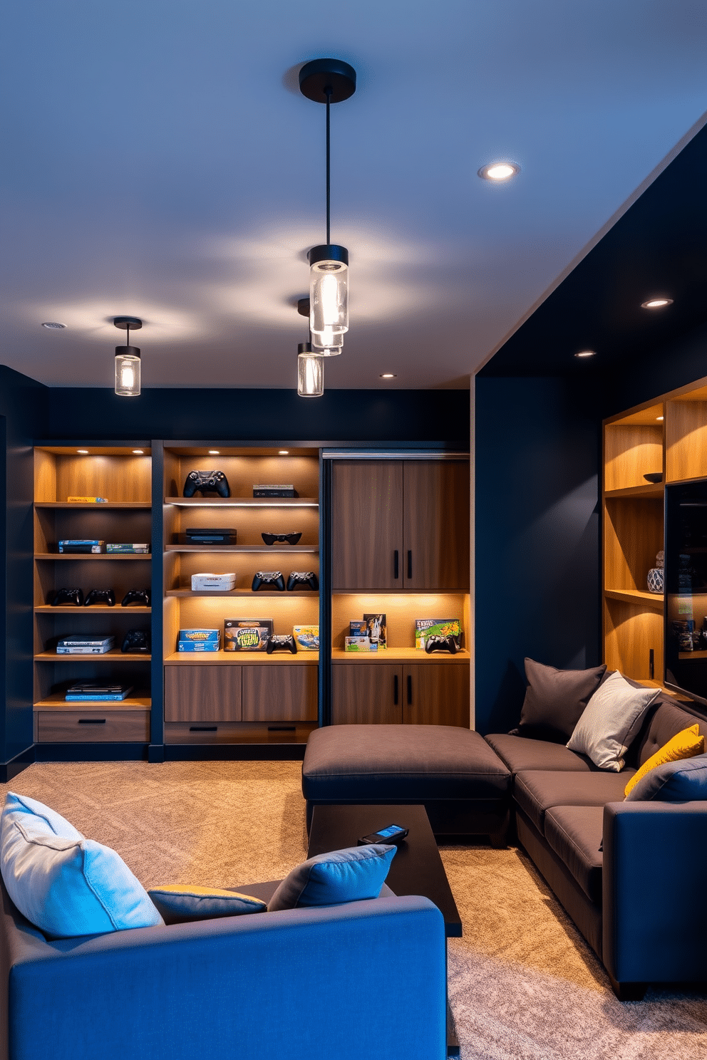 A basement game room featuring a chalkboard wall for jotting down game scores and creative ideas. The room is designed with comfortable seating, a large gaming table, and ambient lighting that enhances the playful atmosphere.