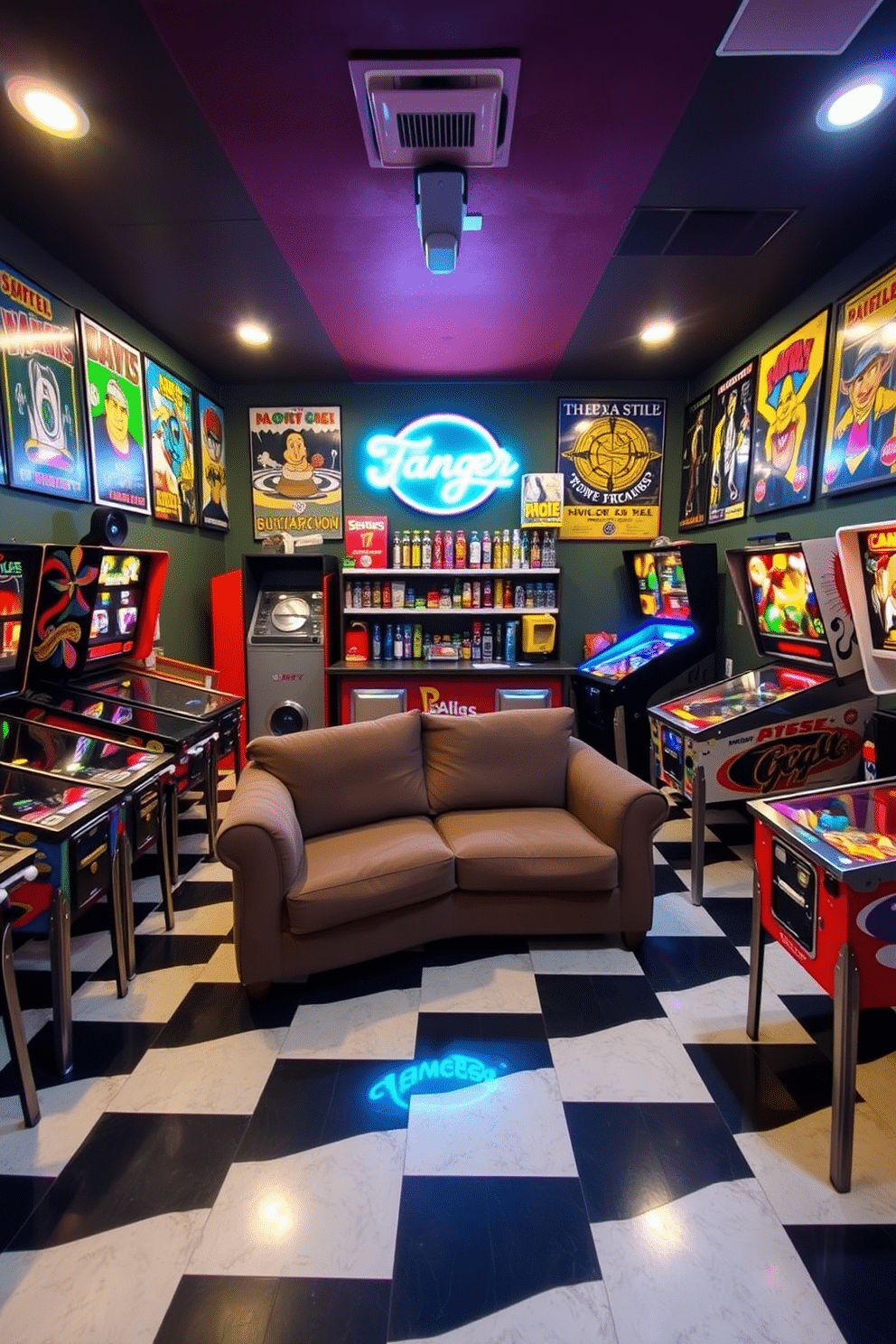 A vibrant basement game room filled with vintage pinball machines and retro decor. The walls are adorned with colorful posters from classic arcade games, and the floor is covered with a checkerboard pattern in black and white. In the center of the room, a large, plush sectional sofa invites friends to gather and enjoy the nostalgic atmosphere. A neon sign flickers above a small bar area stocked with retro snacks and drinks, enhancing the playful vibe of the space.