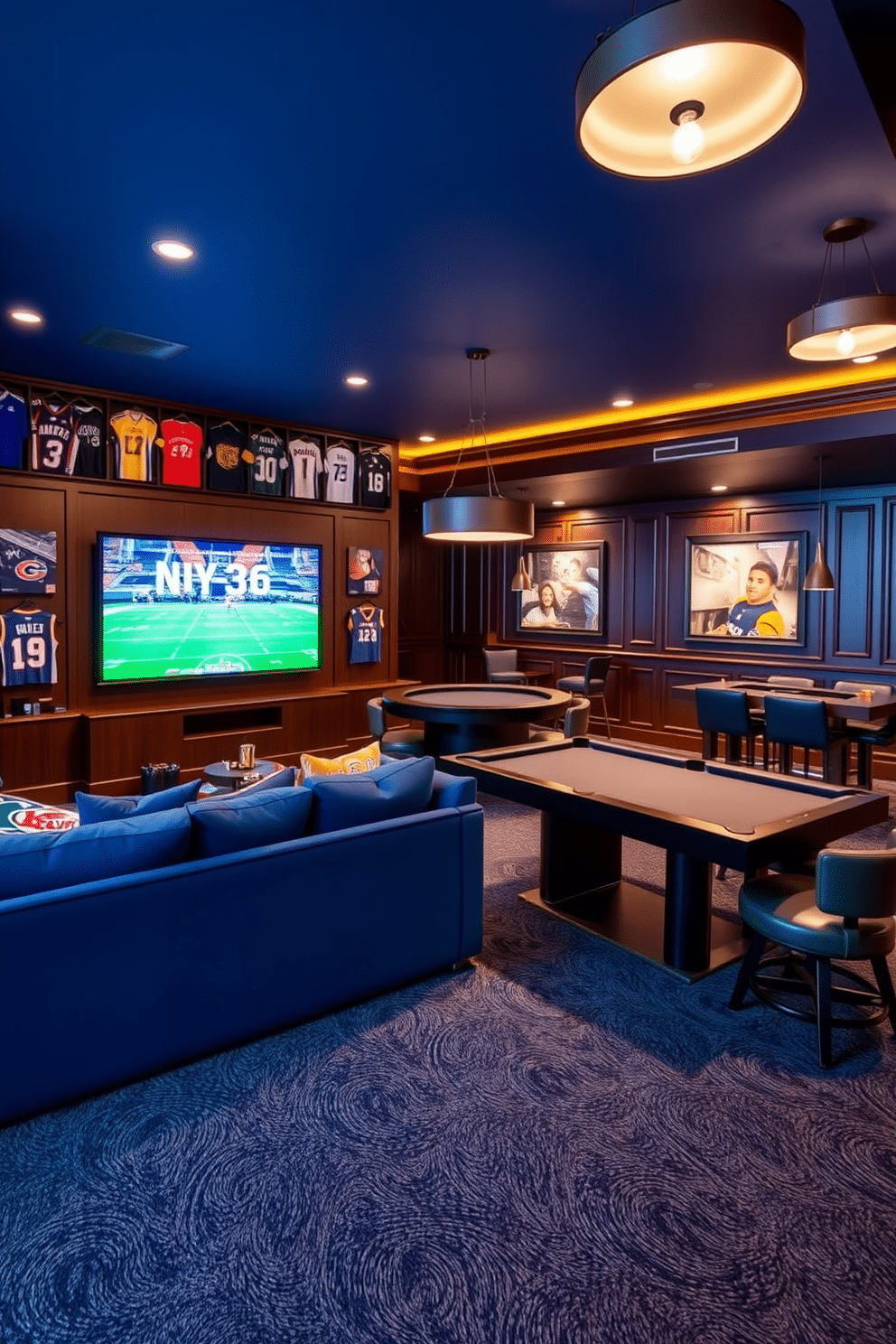 A vibrant sports lounge features a large sectional sofa in a deep blue hue, perfectly positioned in front of a massive flat-screen TV. The walls are adorned with framed jerseys and memorabilia from various teams, creating an immersive atmosphere for fans. The basement game room boasts a sleek pool table at its center, surrounded by high-top chairs and a small bar area. Warm lighting fixtures hang above, complementing the dark wood paneling and plush carpeting that add comfort to the space.