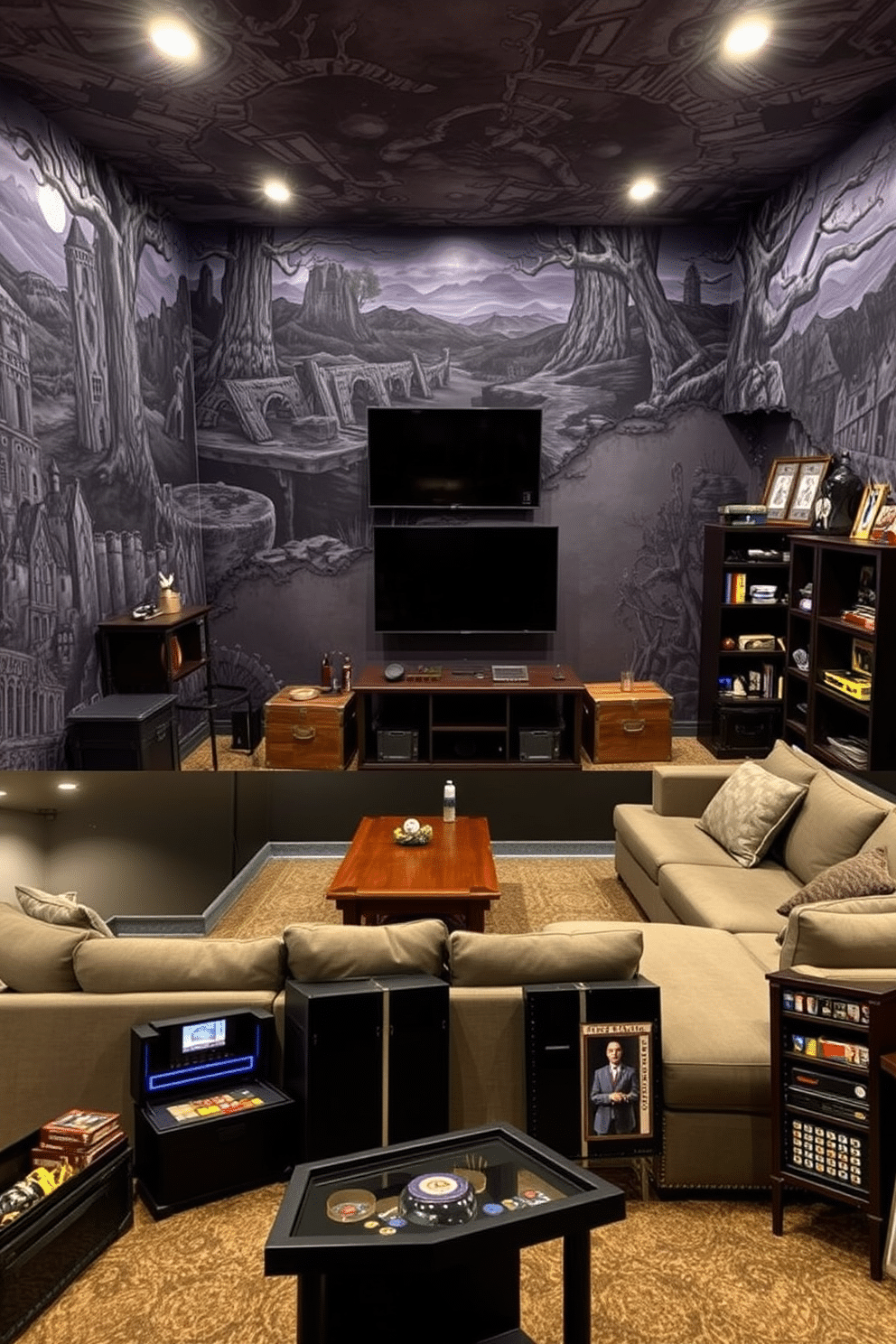 A cozy basement game room designed for relaxation and entertainment. The space features soft, ambient lighting from recessed fixtures and stylish table lamps, creating a warm and inviting atmosphere. Plush seating areas with oversized sofas and bean bags are arranged around a large coffee table. A sleek pool table sits in one corner, while a wall-mounted flat-screen TV provides the perfect spot for movie nights and gaming sessions.