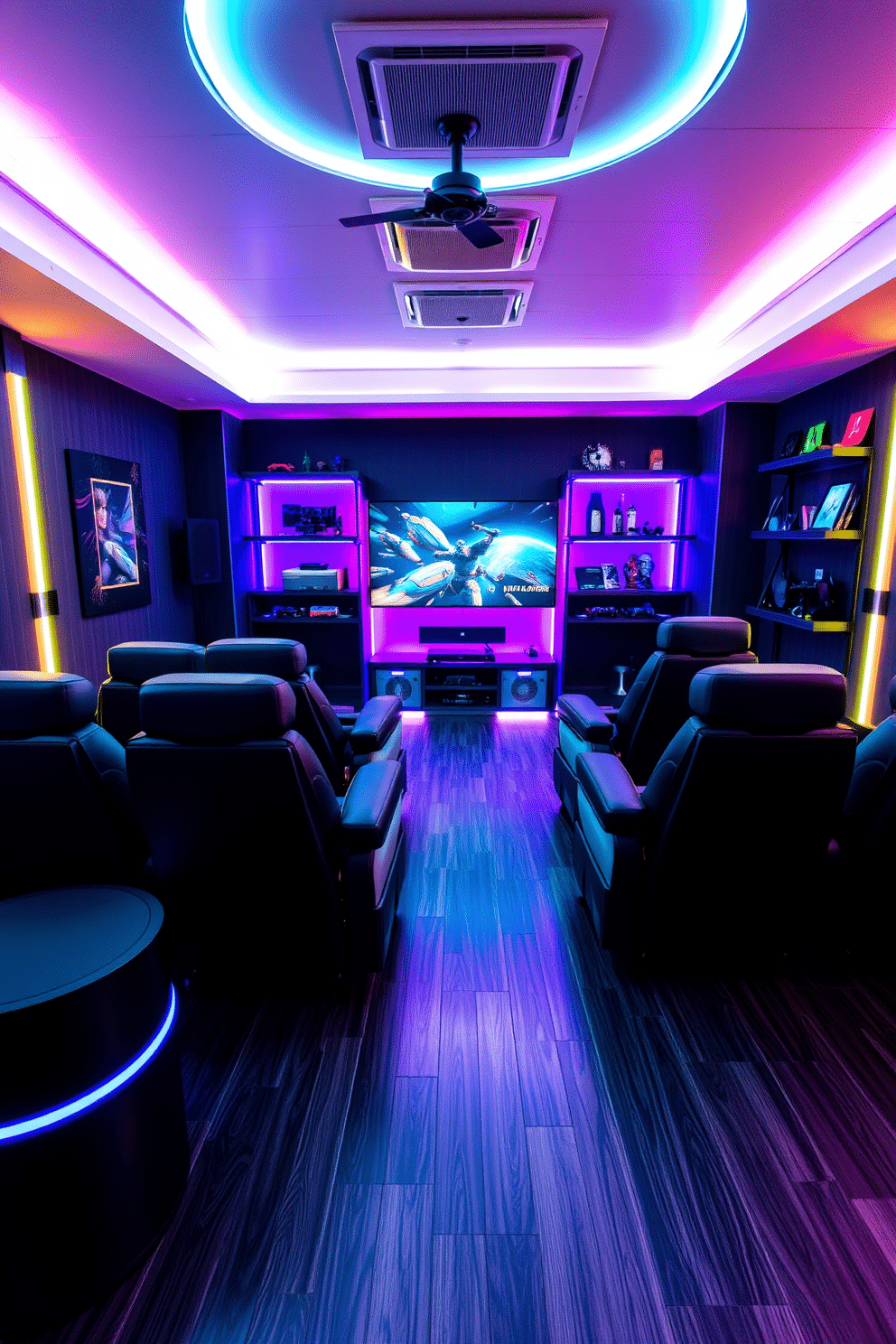 A modern virtual reality gaming zone featuring plush, ergonomic seating arranged in a semi-circle for optimal immersion. The walls are adorned with vibrant LED lights that change colors, enhancing the futuristic atmosphere, while a large screen showcases the latest gaming graphics. The flooring is a sleek, dark laminate that adds a touch of sophistication, and a soundproofing system ensures an uninterrupted gaming experience. Shelves stocked with gaming accessories and collectibles line the back wall, creating a personalized touch in this stylish basement game room.