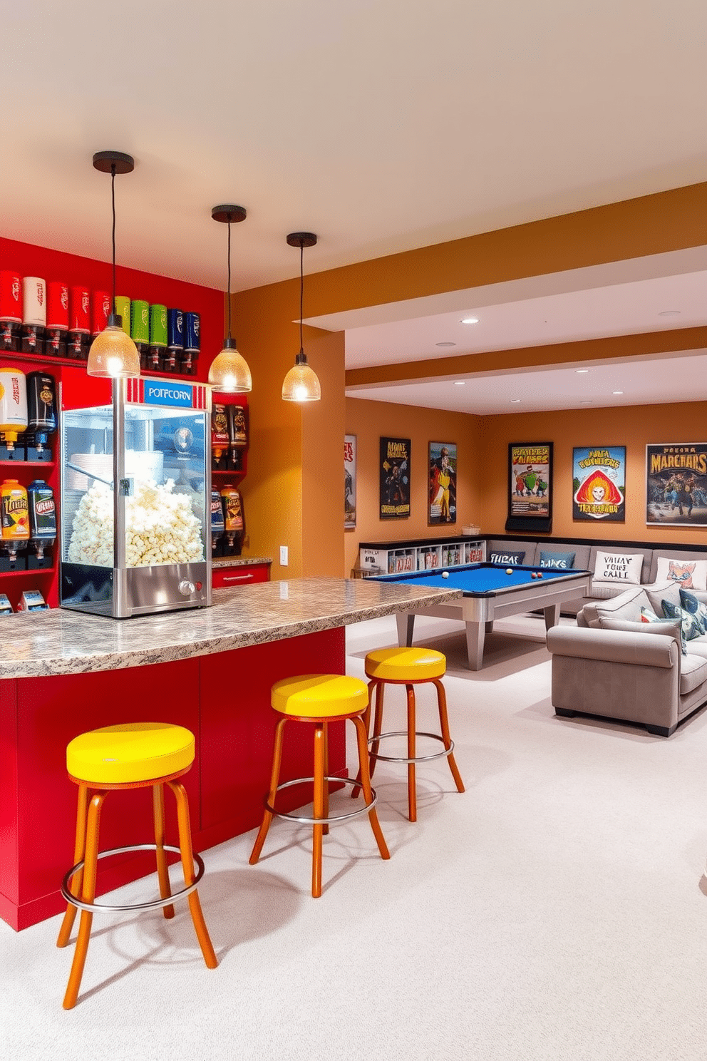 A vibrant snack bar area featuring a classic popcorn machine, surrounded by a variety of colorful drink dispensers. The bar is adorned with retro-style stools and illuminated by pendant lights, creating a lively atmosphere. A spacious basement game room designed for entertainment, showcasing a pool table and a large sectional sofa. The walls are decorated with gaming posters, and soft ambient lighting enhances the cozy, inviting vibe of the space.