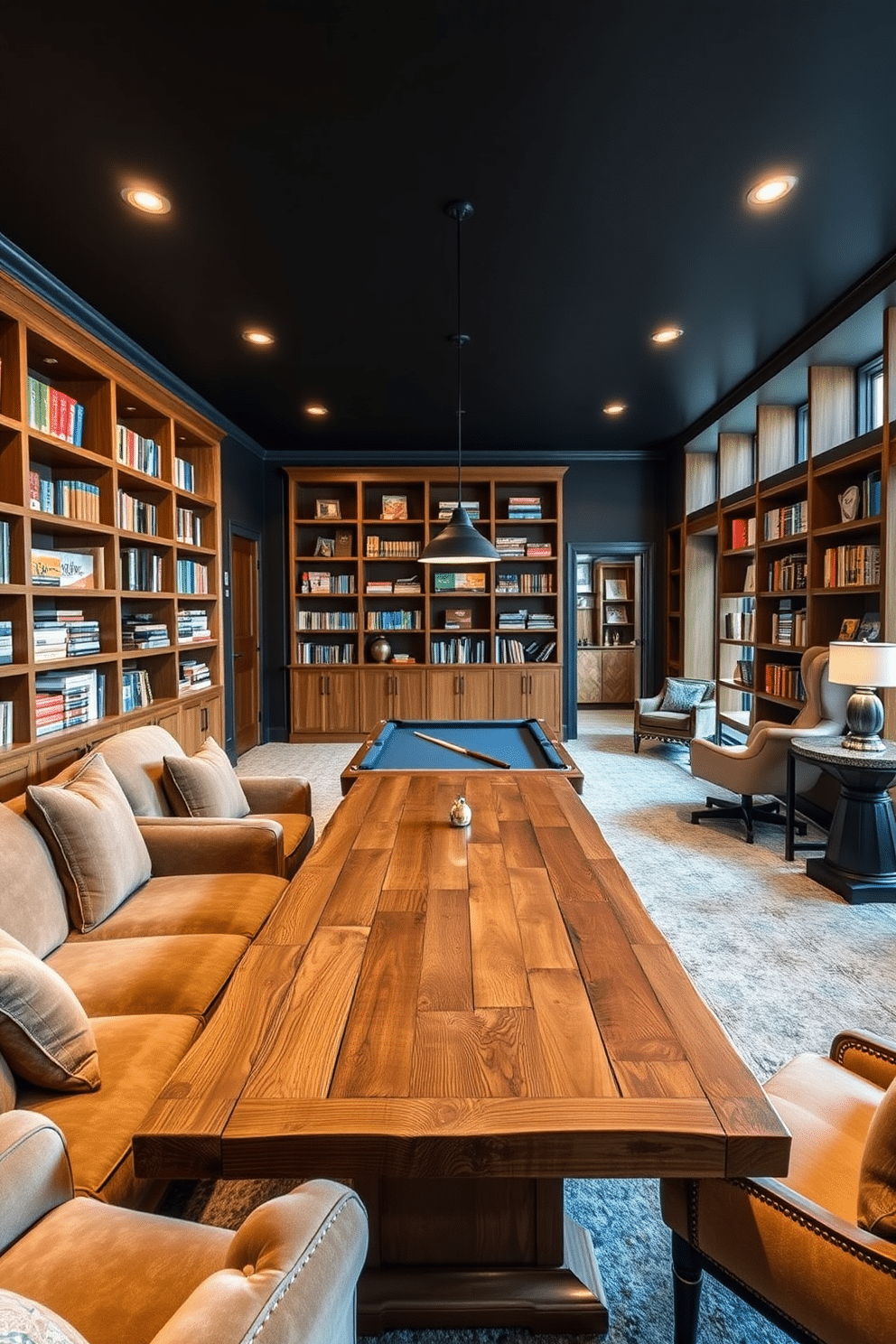 A warm and inviting board game library featuring plush, oversized seating arranged around a large, rustic wooden table. Shelves filled with colorful board games line the walls, while soft lighting creates a cozy atmosphere perfect for game nights. The basement game room is designed with a fun yet sophisticated aesthetic, showcasing a sleek pool table at the center. Comfortable lounge chairs and a mini bar area complement the space, providing an ideal setting for relaxation and entertainment.