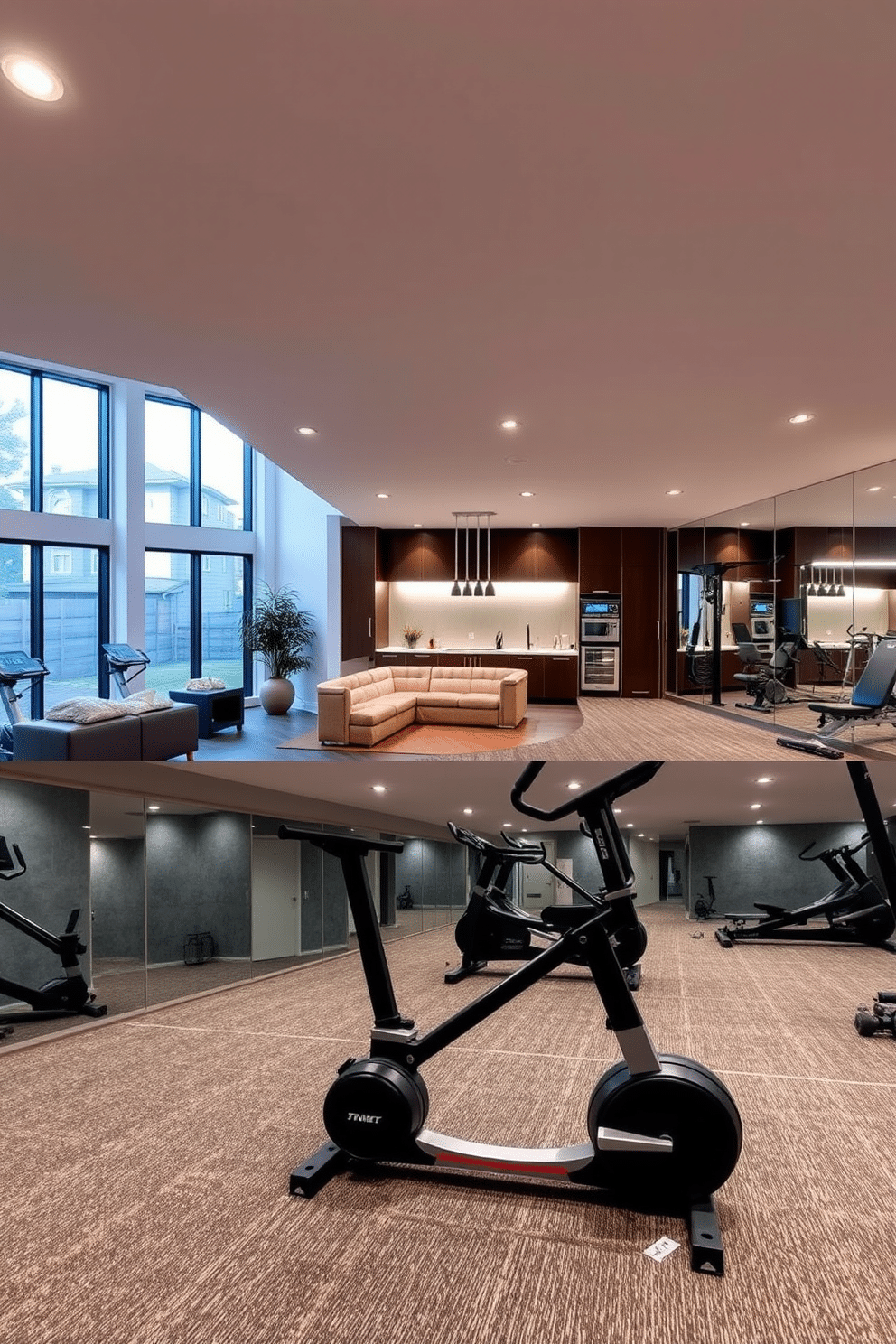 Open concept layout for spacious feel. The living area seamlessly flows into the kitchen, featuring large windows that invite natural light and create a bright, airy atmosphere. Basement gym design ideas. The space is equipped with a variety of exercise equipment, complemented by mirrored walls and soft, ambient lighting to enhance the workout experience.