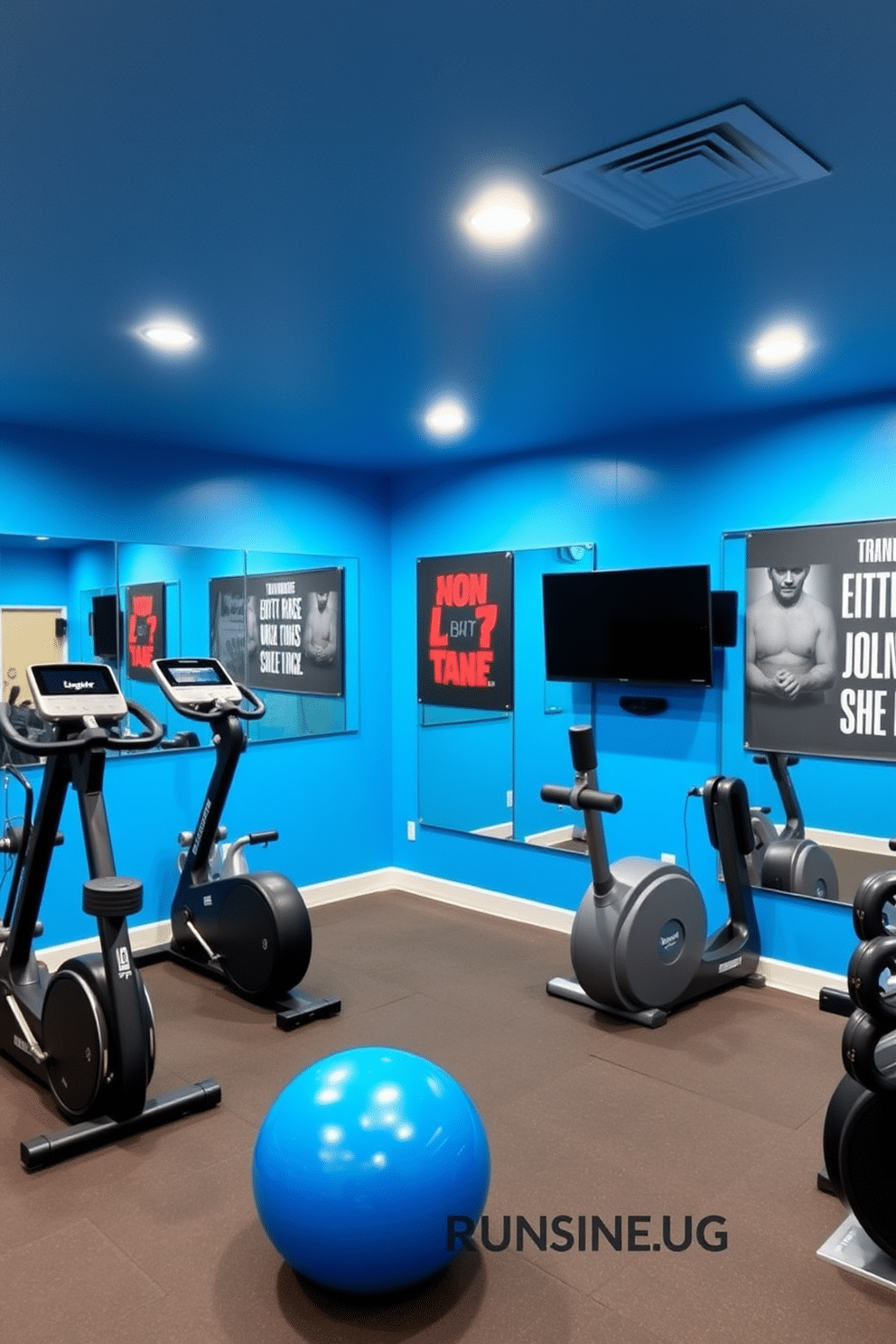 A dynamic basement gym designed for energetic workouts features a high-quality sound system integrated into the space. The walls are painted in an invigorating shade of bright blue, with motivational wall art and mirrors that reflect the energy of the room. The flooring consists of durable rubber tiles for safety and comfort, while a sleek, modern sound system is mounted on the wall, providing surround sound for an immersive workout experience. Various fitness equipment, such as weights and cardio machines, are arranged strategically to maximize space and functionality, creating an inspiring environment for exercise.