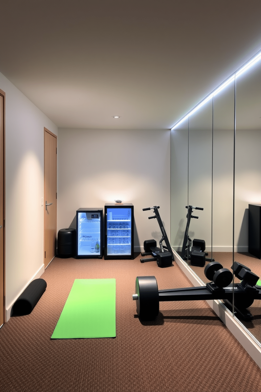 A modern basement gym featuring sleek, minimalist design elements. The space includes a small fridge for hydration, positioned conveniently next to a set of free weights and a yoga mat. Bright LED lighting illuminates the area, enhancing the energizing atmosphere. Large mirrors line one wall, reflecting the workout equipment and creating a sense of openness.