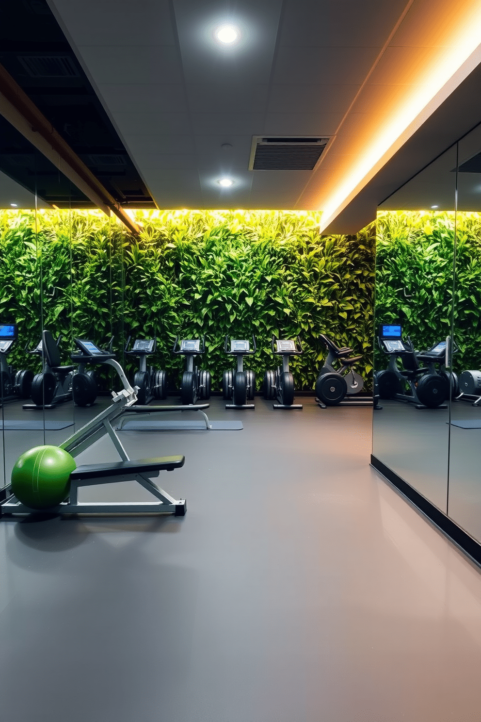 A modern basement gym featuring a spacious layout with rubber flooring and large mirrors lining one wall. The area is equipped with various workout machines, free weights, and a dedicated stretching space, ensuring a functional and inviting environment. To enhance the ambiance, a wall of lush green plants creates a refreshing backdrop, bringing a touch of nature indoors. Soft, adjustable lighting complements the space, providing an energizing atmosphere for workouts while maintaining a tranquil vibe.