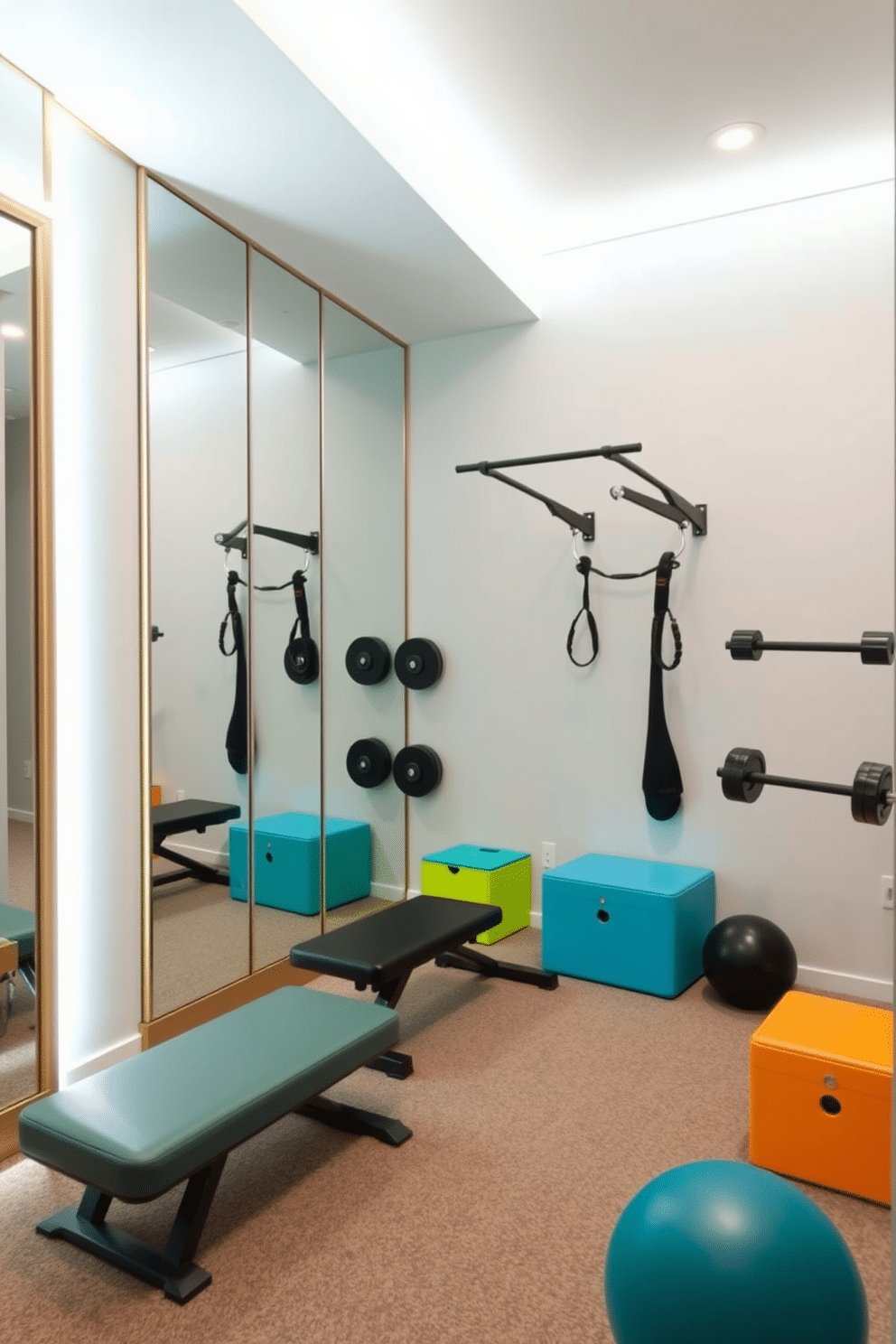 A versatile basement gym featuring multifunctional furniture that maximizes space efficiency. The room includes a foldable workout bench, a compact weight rack, and a wall-mounted pull-up bar, all designed to blend seamlessly with the overall aesthetic. The walls are painted in a calming light gray, complemented by bright accent colors in the workout equipment. Large mirrors line one wall to create an illusion of space, while soft LED lighting enhances the ambiance for an inviting workout environment.