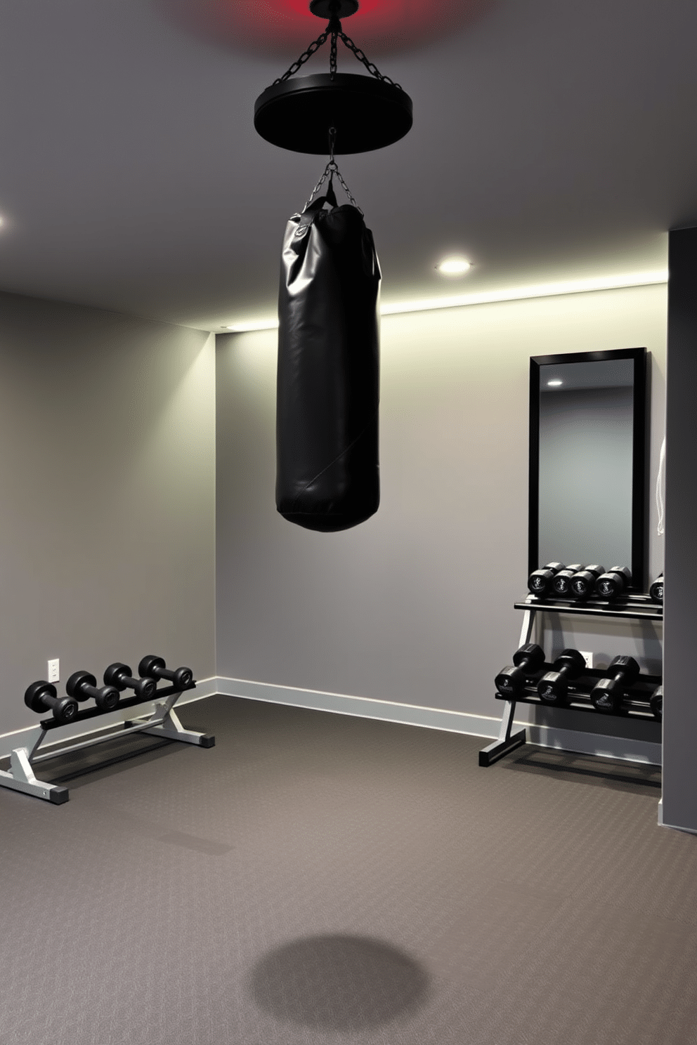 A modern basement gym designed for high-intensity workouts features a spacious layout with a prominent punching bag hanging from the ceiling. The walls are painted in a sleek gray, and the floor is covered with durable rubber flooring for optimal support during cardio sessions. In one corner, a set of free weights is neatly organized on a metal rack, while a wall-mounted mirror reflects the energy of the space. Ambient LED lighting enhances the atmosphere, creating a motivating environment for fitness enthusiasts.