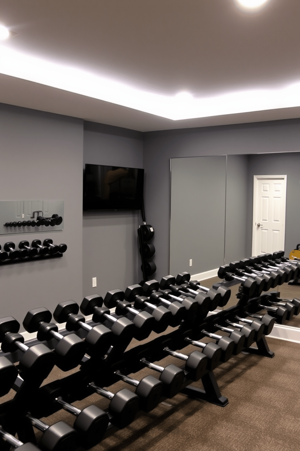 A modern basement gym featuring a designated corner for free weights. The area is equipped with a sturdy weight rack and a variety of dumbbells, all neatly organized for easy access. The walls are painted in a calming gray tone, complemented by bright LED lighting that enhances the space. A large mirror spans one wall, reflecting the gym equipment and creating an illusion of a larger area.