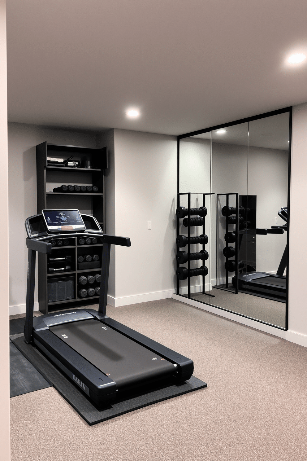 A modern basement gym featuring a foldable treadmill that seamlessly integrates into the space. The walls are painted in a light gray, and the flooring is a durable rubber mat for comfort and safety. In one corner, a sleek storage unit holds weights and exercise accessories, while a large mirror reflects the workout area. Ambient lighting is provided by recessed fixtures, creating an inviting atmosphere for fitness enthusiasts.