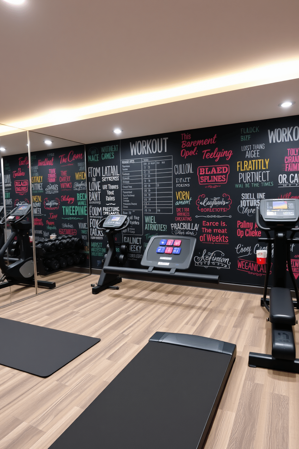 A modern basement gym designed for functionality and motivation. The space features a large chalkboard wall for workout tracking, surrounded by vibrant motivational quotes and images. The gym is equipped with a range of exercise equipment, including free weights, a treadmill, and a yoga area with mats. Soft, adjustable lighting enhances the atmosphere, while large mirrors reflect the space, making it feel open and inviting.