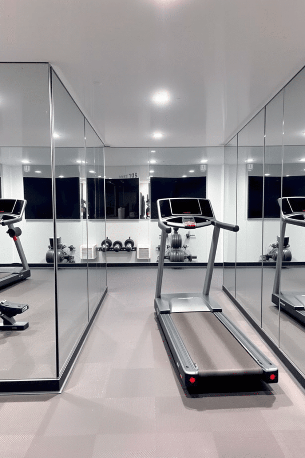 A modern basement gym with mirrored walls that enhance light reflection, creating a bright and open atmosphere. The space features high-quality gym equipment, including a treadmill and free weights, with rubber flooring for comfort and safety.