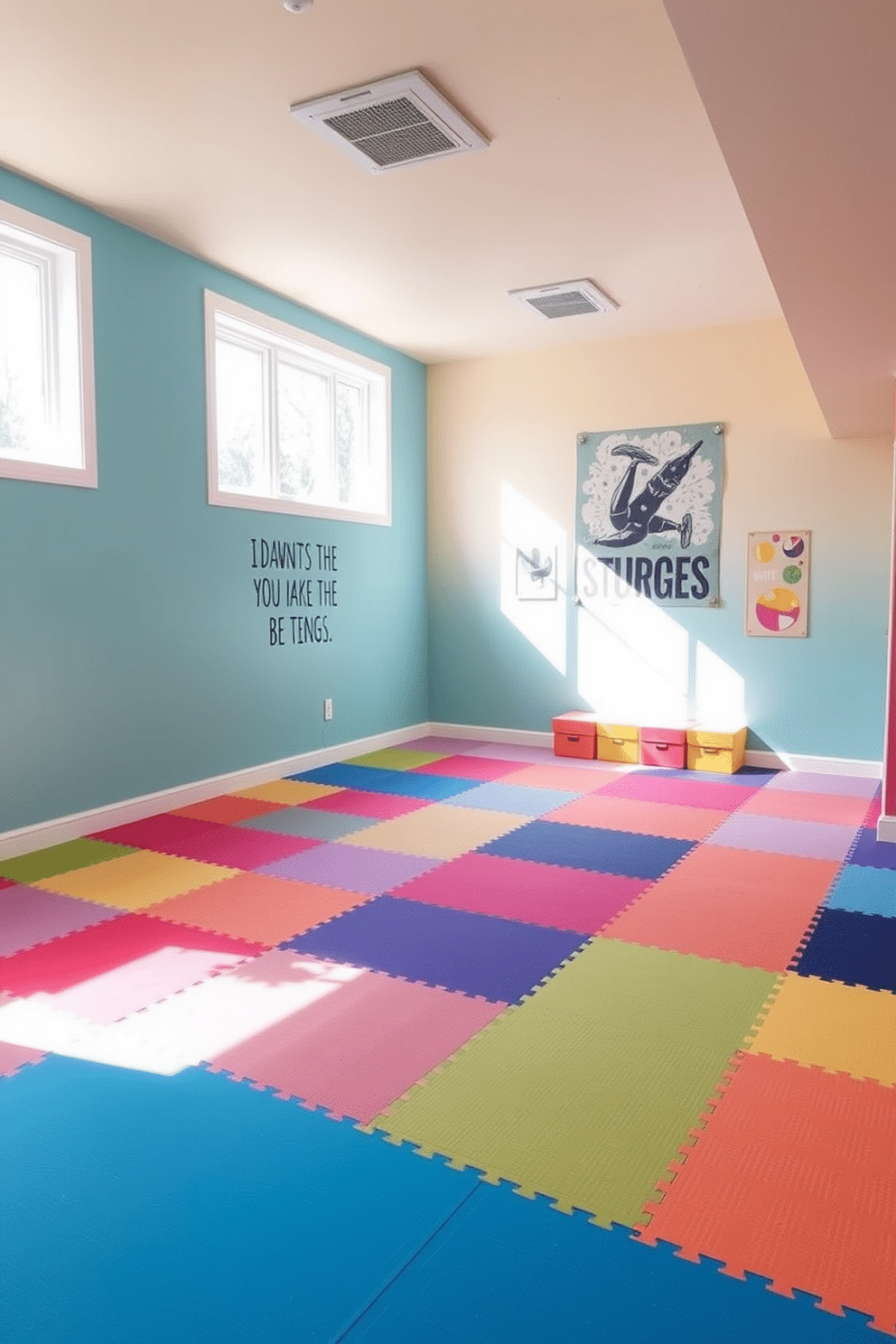 A vibrant basement gym features colorful, patterned mats that create a playful atmosphere, inviting energy and movement. The walls are painted in a bright hue, complemented by motivational wall art and ample natural light streaming through strategically placed windows.