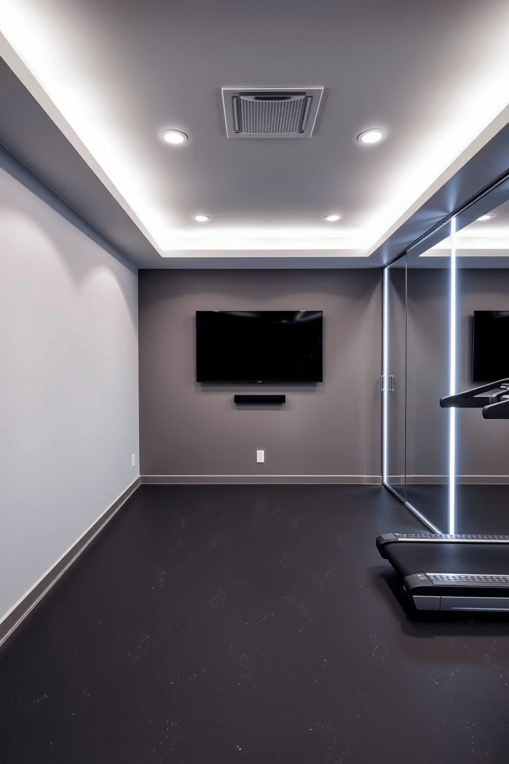 A modern basement gym designed for functionality and aesthetics. The space features a large flat-screen TV mounted on a feature wall, perfect for streaming workout videos. The flooring is a durable rubber material in a dark shade, complemented by bright LED lighting that enhances the energetic atmosphere. Along one wall, there are mirrored panels to create a sense of openness and allow for form checks during workouts.