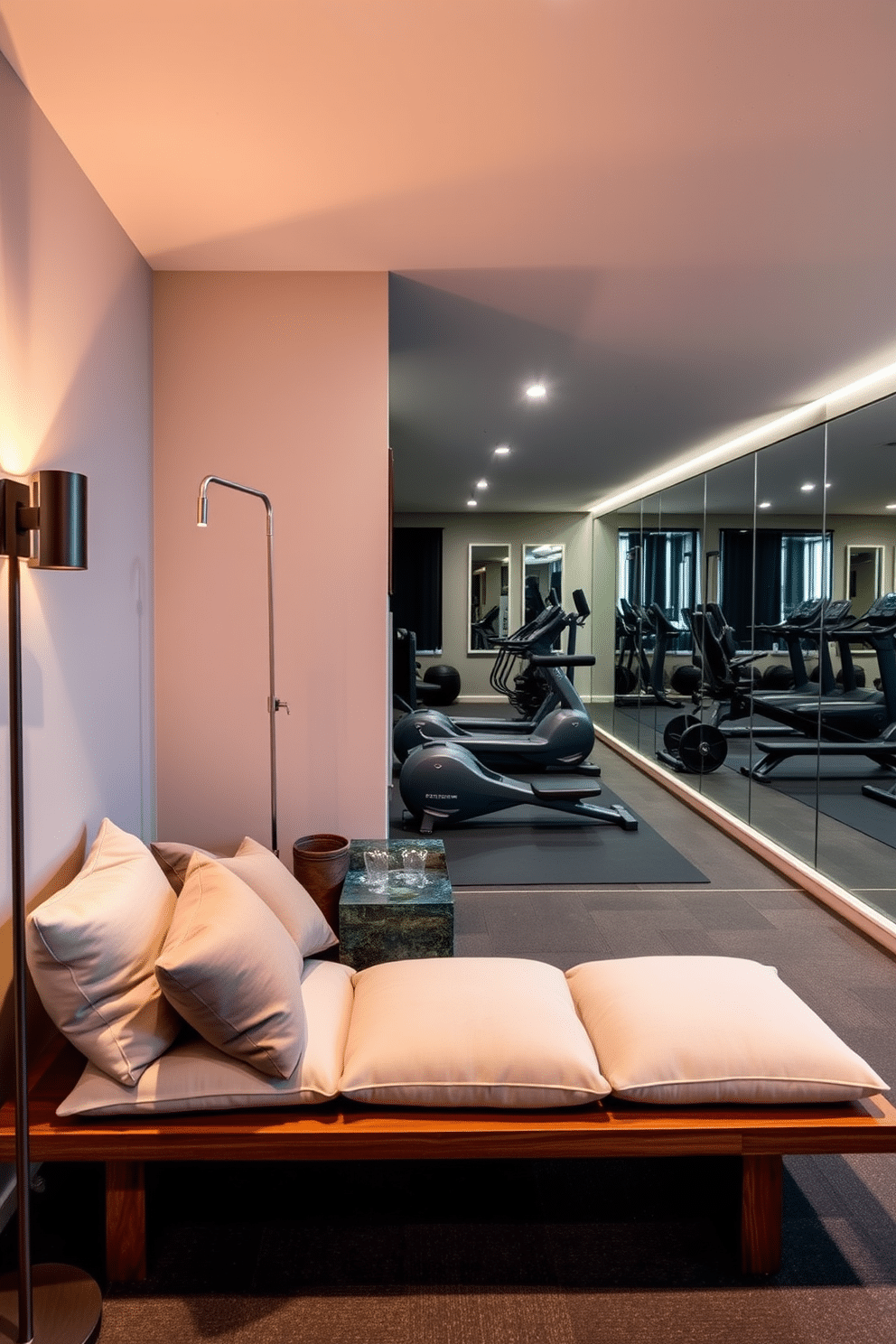 A serene zen corner features a low wooden bench with plush cushions in soft earth tones. Ambient lighting from a stylish floor lamp casts a warm glow, while a small indoor water fountain adds a soothing sound. The basement gym is designed with sleek, modern equipment arranged for optimal flow. Large mirrors line one wall, reflecting the space, while rubber flooring provides comfort and durability for workouts.