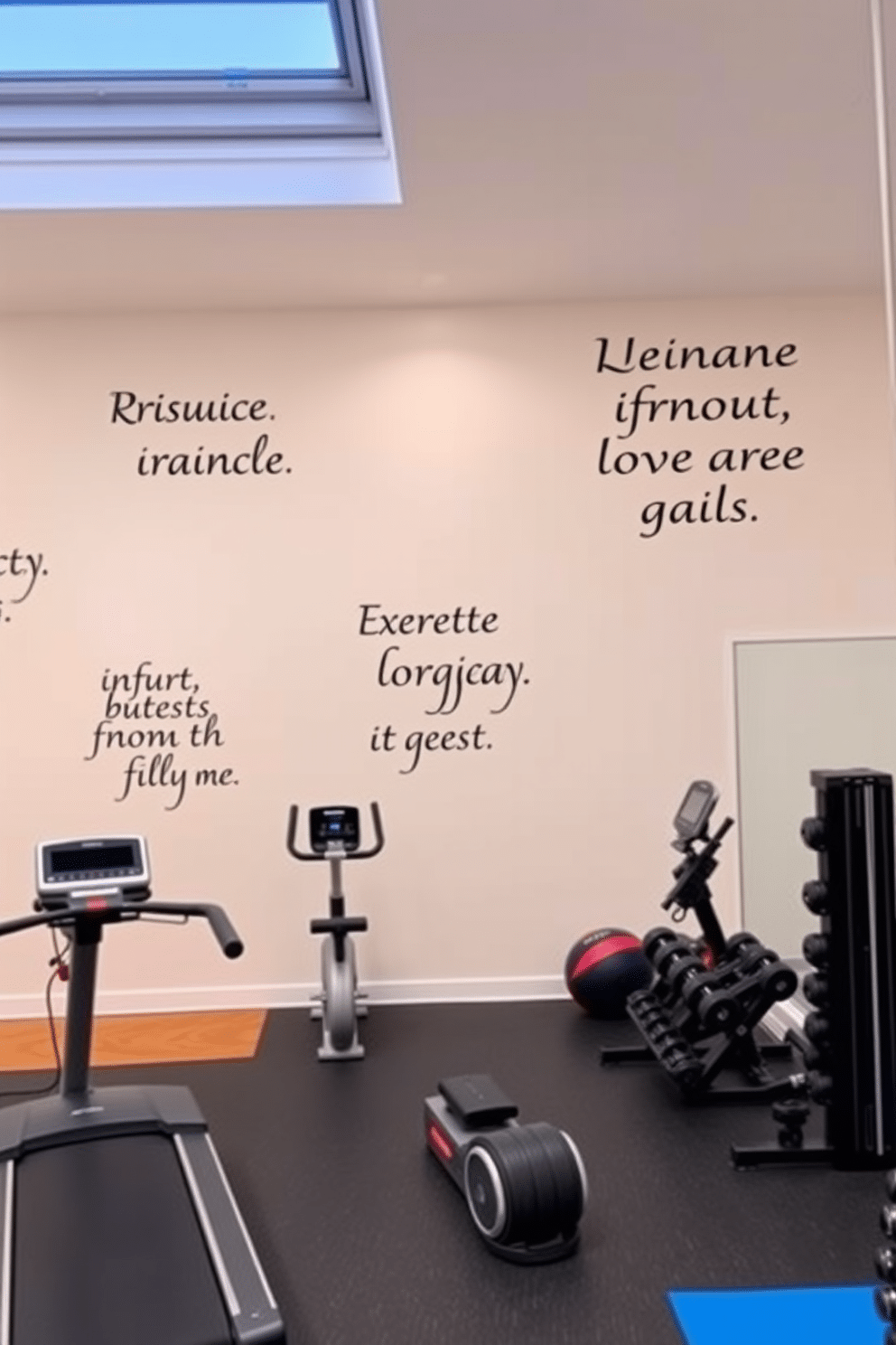 A modern basement gym featuring motivational quotes elegantly displayed on the walls in stylish typography. The space includes a variety of exercise equipment, such as a treadmill, free weights, and a yoga area, all complemented by bright, energizing colors and ample natural light from above-ground windows.