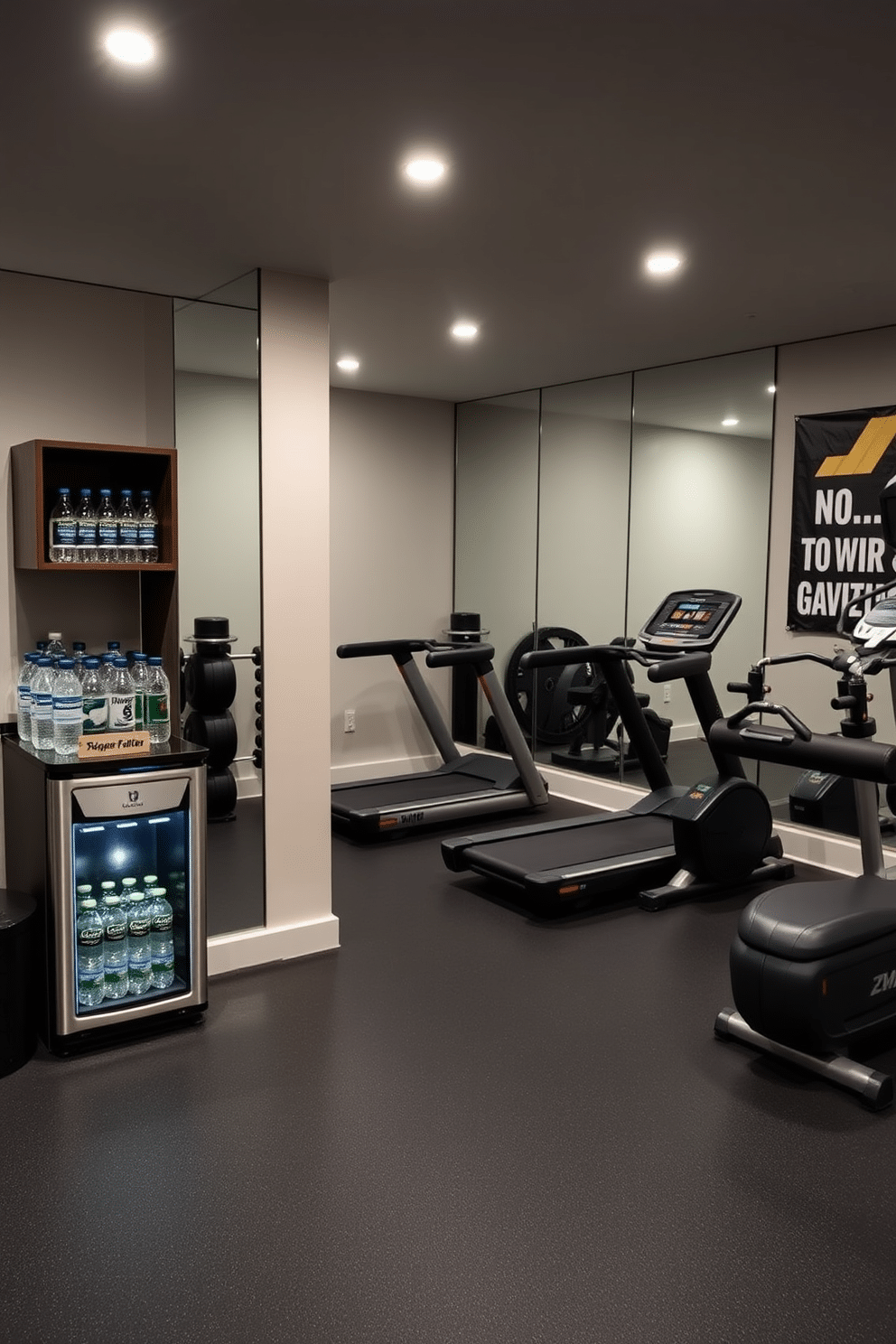 A modern basement gym features sleek, rubber flooring and wall-mounted mirrors to create an open feel. In one corner, a stylish water station is equipped with a built-in cooler and a selection of reusable bottles for convenience. The gym is outfitted with high-end equipment, including a treadmill, free weights, and a multi-functional weight machine. Soft, adjustable lighting enhances the space, while motivational artwork adorns the walls to inspire a productive workout environment.