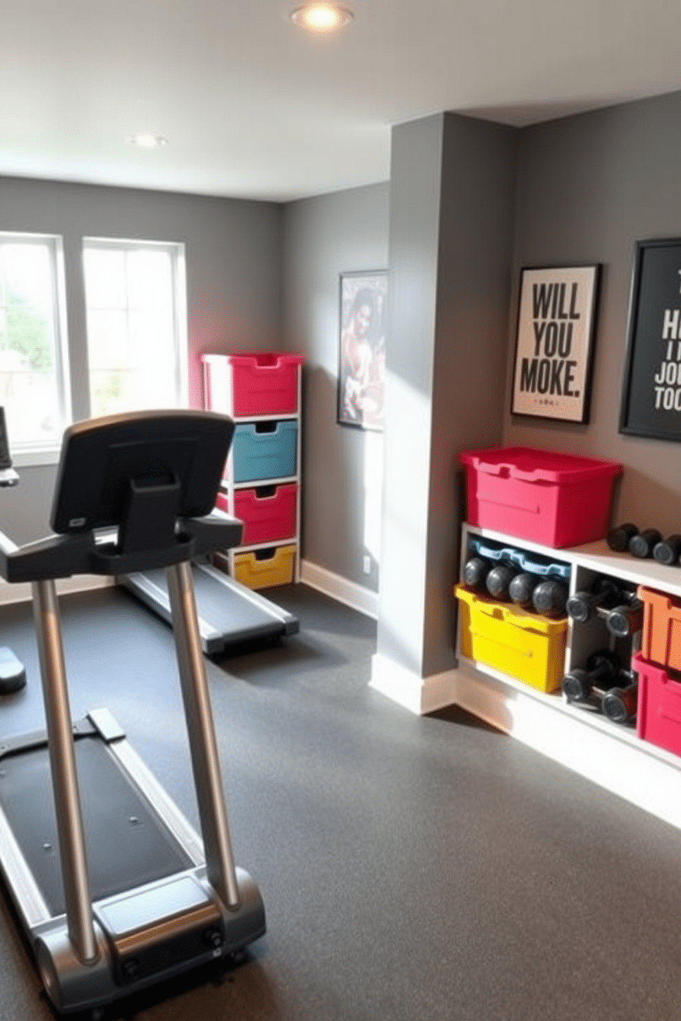 A modern basement gym featuring stylish storage bins for organization. The space is equipped with a sleek treadmill and free weights, with ample natural light streaming in through large windows. The walls are painted in a calming gray, complemented by vibrant accent colors from the storage bins. A rubber flooring adds comfort and safety, while motivational artwork decorates the walls to inspire fitness enthusiasts.