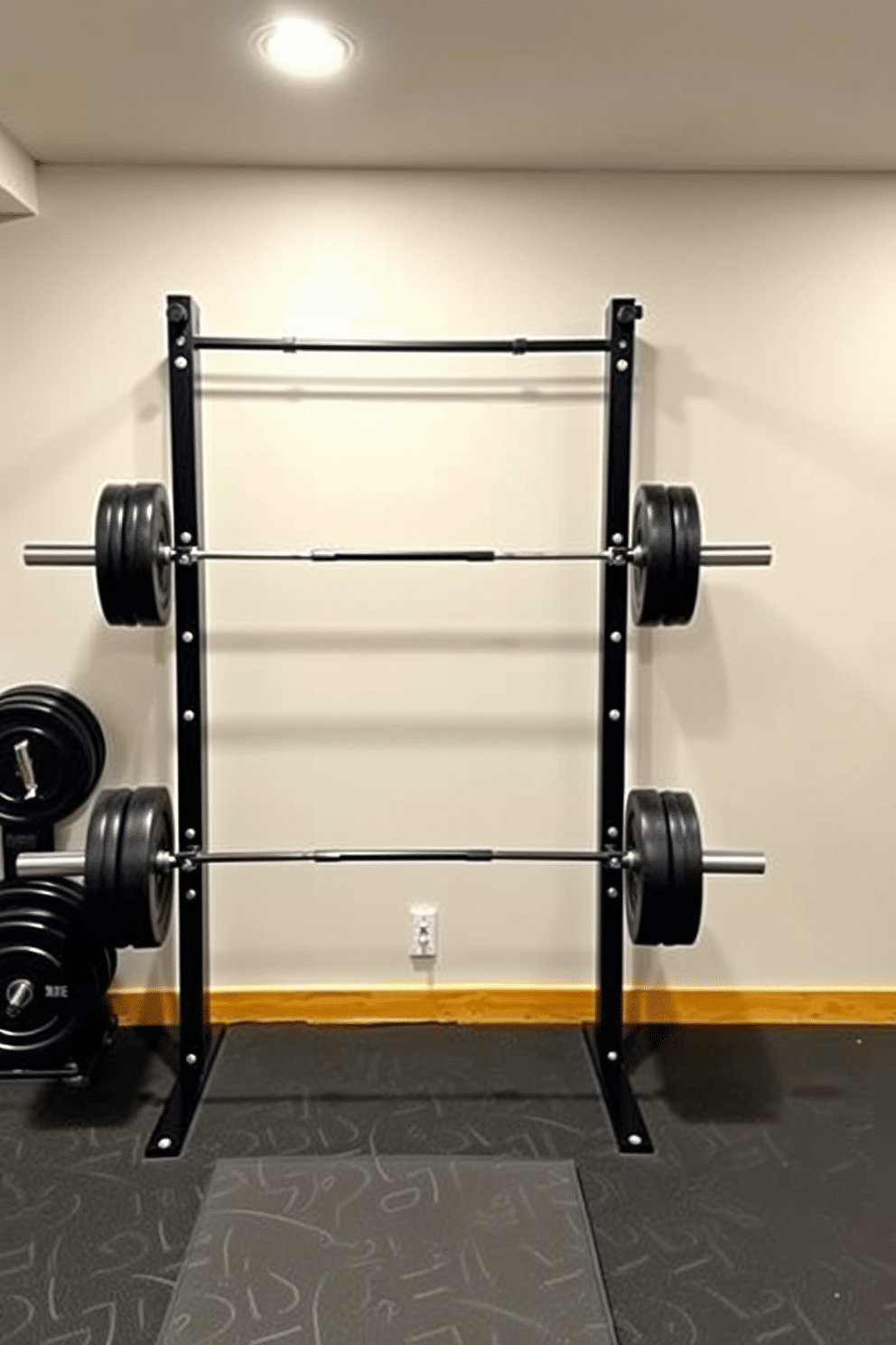 A modern basement gym featuring a sleek barbell rack mounted against a wall for easy access. The space is illuminated with bright LED lights, and the flooring is covered with durable rubber mats for comfort and safety.