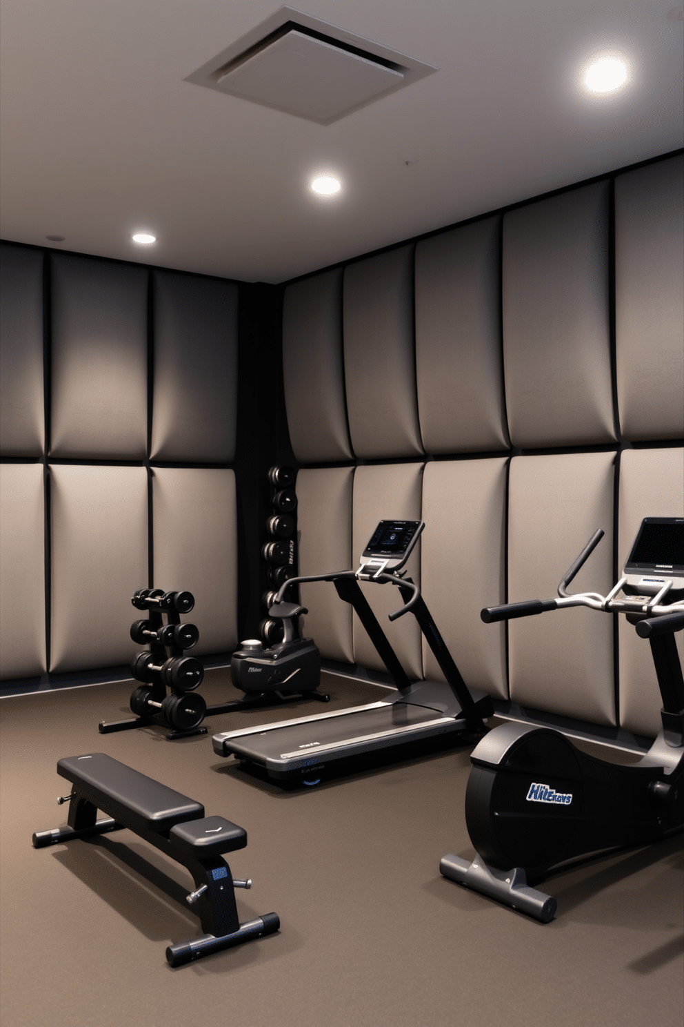 A modern basement gym featuring sleek acoustic panels on the walls to enhance sound control, creating a focused workout environment. The space includes a variety of equipment such as free weights, a treadmill, and a yoga area, all arranged to maximize functionality and flow.