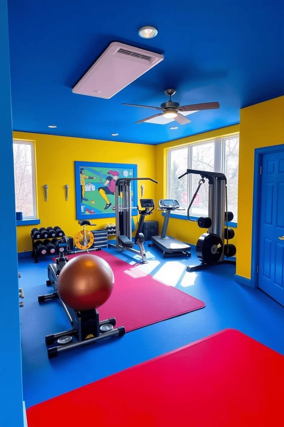 A vibrant basement gym designed to energize and motivate. The walls are painted in a bright yellow hue, complemented by bold blue accents in the decor and equipment. Large windows allow natural light to flood the space, enhancing the lively atmosphere. The flooring features a durable rubber mat in a striking red color, providing both safety and style.