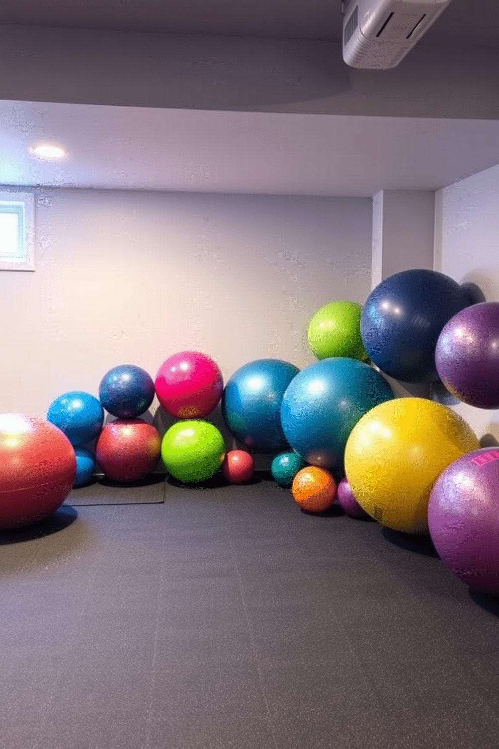 A modern basement gym featuring a dedicated corner for stability balls. The area is equipped with a vibrant array of stability balls in various sizes, complemented by a textured rubber flooring for safety and comfort.