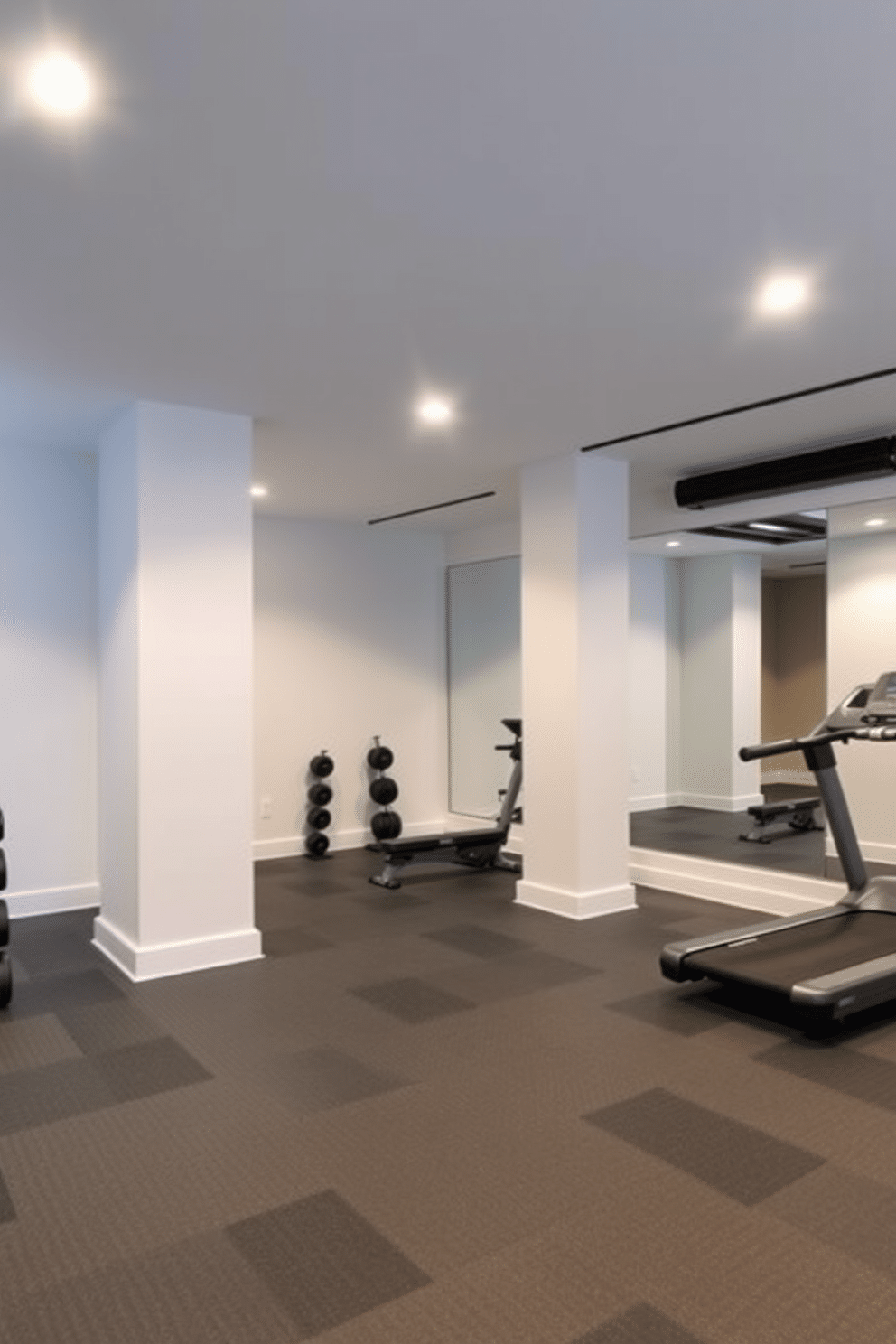 A modern basement gym featuring rubber flooring for safety and comfort. The space includes a variety of exercise equipment, such as weights and a treadmill, arranged for optimal functionality. The walls are painted in a light, energizing color, and large mirrors are installed to enhance the sense of space. Ambient lighting fixtures illuminate the area, creating a motivating atmosphere for workouts.