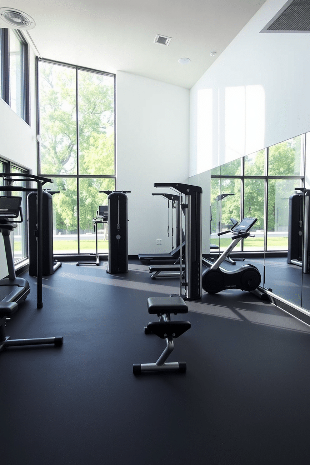 A modern basement gym designed to maximize natural light. Large windows line one wall, allowing sunlight to flood the space and create an inviting workout atmosphere. The gym features sleek, functional equipment arranged for optimal flow and accessibility. A rubber floor provides comfort and support, while mirrors on opposing walls enhance the sense of space and brightness.