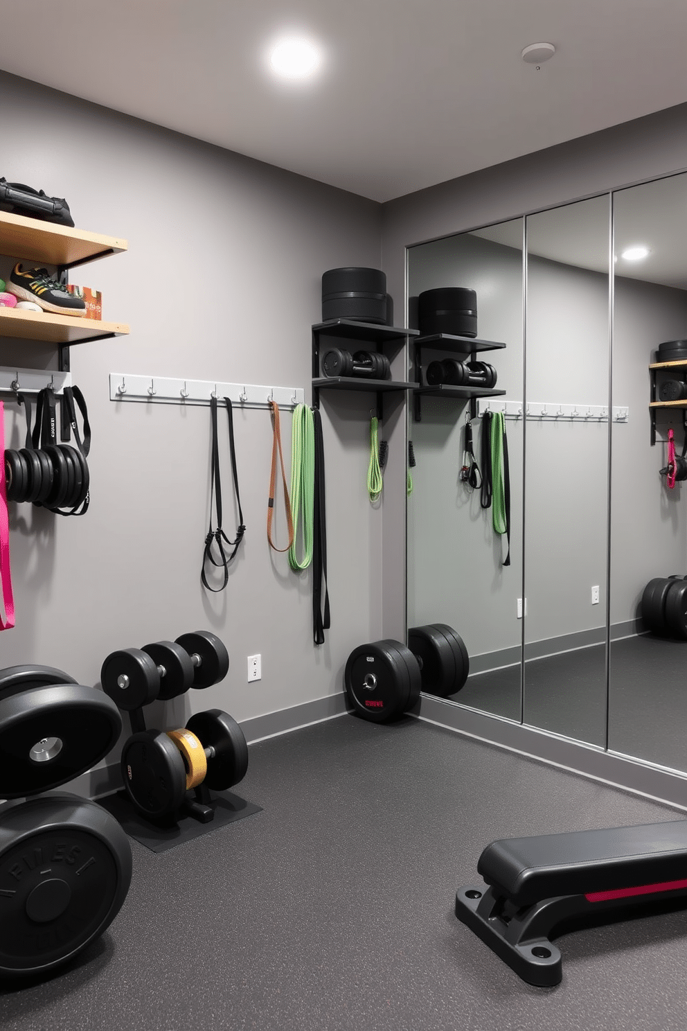 A sleek basement gym designed for optimal equipment efficiency features wall-mounted storage solutions that keep the space organized and clutter-free. The walls are painted in a calming gray tone, with open shelving and hooks to neatly store weights, resistance bands, and other fitness accessories. The flooring is a durable, shock-absorbent material that provides comfort during workouts. Large mirrors line one wall, enhancing the sense of space and allowing for form checks during exercise.