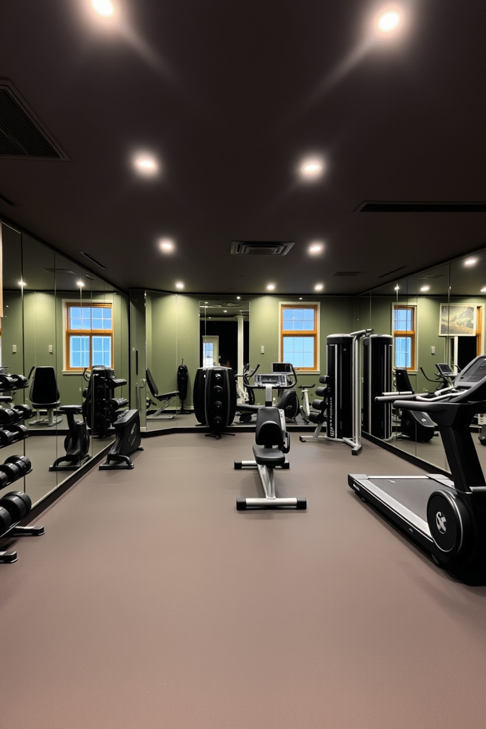 A modern basement gym featuring adjustable LED lighting that can be dimmed to create the perfect workout ambiance. The space includes a variety of exercise equipment, such as free weights and a treadmill, set against a backdrop of mirrored walls to enhance the feeling of openness. The flooring is a durable rubber material, providing comfort and support during workouts. Large windows allow natural light to flood the area, while soundproofing ensures minimal disturbance from the rest of the house.