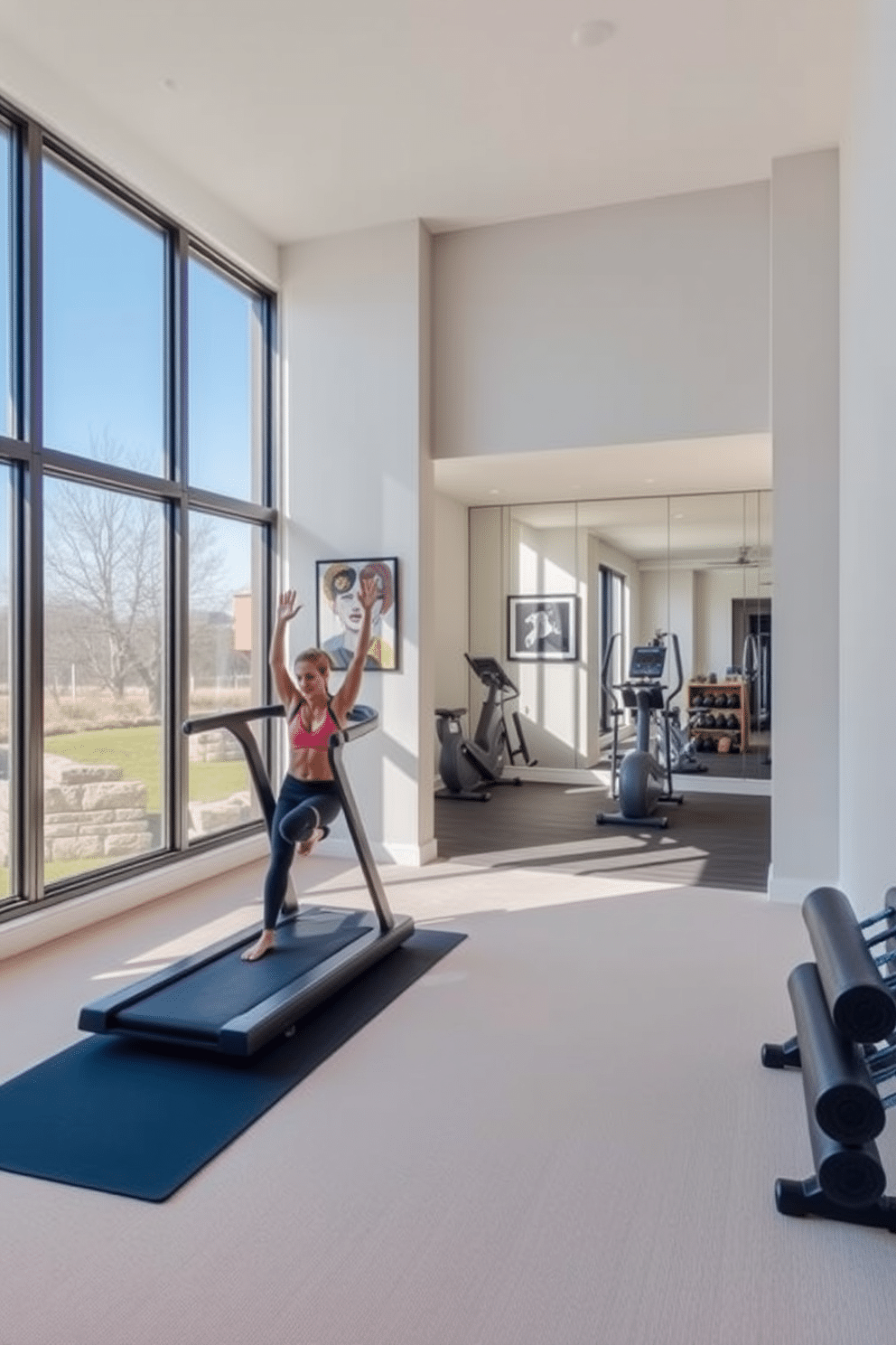 A serene dedicated area for yoga and stretching, featuring large windows that allow natural light to flood the space. The floor is covered with soft, neutral-colored mats, and calming wall art enhances the tranquil atmosphere. A modern basement gym designed for optimal functionality, showcasing high-quality equipment like a treadmill and free weights. The walls are painted in a bold, energizing color, and mirrored panels reflect the space, creating an illusion of openness while enhancing the workout experience.