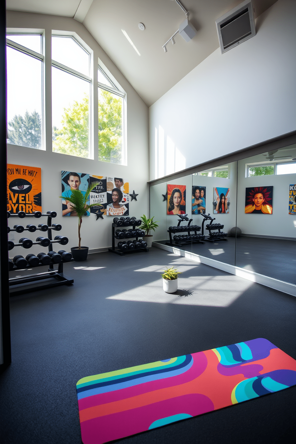 A stylish basement gym featuring a high ceiling and large windows that allow natural light to flood the space. The walls are adorned with vibrant artwork that inspires motivation, while the flooring is a durable rubber material for safety and comfort. In one corner, a set of free weights is neatly organized on a sleek rack, and a large mirrored wall reflects the energy of the room. A colorful yoga mat is laid out on the floor, and a small potted plant adds a touch of greenery to the modern aesthetic.