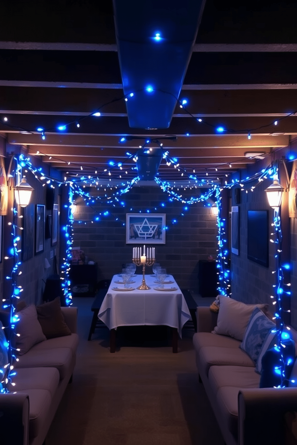 A cozy basement space adorned with blue and white string lights, creating a warm and festive atmosphere for Hanukkah celebrations. The lights are draped elegantly along the exposed beams and walls, casting a soft glow over the room's decor. A large table is set up in the center, covered with a crisp white tablecloth and decorated with traditional Hanukkah symbols. Surrounding the table are comfortable seating options, inviting family and friends to gather and enjoy the holiday festivities.