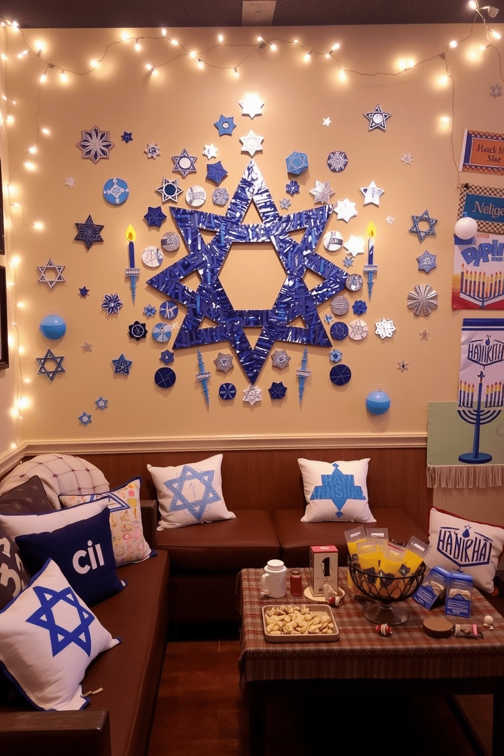 A vibrant Hanukkah-themed wall art display featuring a large Star of David in shades of blue and silver, surrounded by menorahs and dreidels artistically arranged. The background is adorned with twinkling lights and festive patterns, creating a warm and inviting atmosphere for the holiday season. In the basement, cozy seating areas are enhanced with Hanukkah-themed throw pillows and blankets, while the walls are decorated with handmade menorah art and festive banners. Soft lighting and a decorative table with traditional treats create a welcoming space for family gatherings and celebrations.