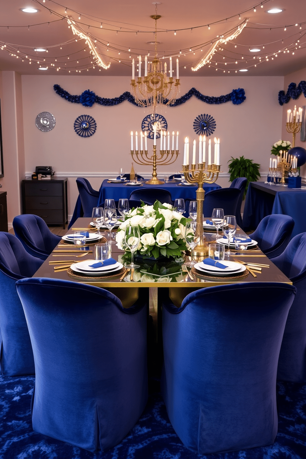 A luxurious dining table setup featuring a sleek, gold-accented table surrounded by plush velvet chairs in deep navy. The table is elegantly set with fine china, crystal glassware, and gold cutlery, adorned with a lush centerpiece of white roses and greenery. A cozy basement adorned for Hanukkah with a beautifully lit menorah as the focal point. The space is decorated with blue and silver accents, including a festive tablecloth, decorative dreidels, and twinkling string lights overhead, creating a warm and inviting atmosphere.