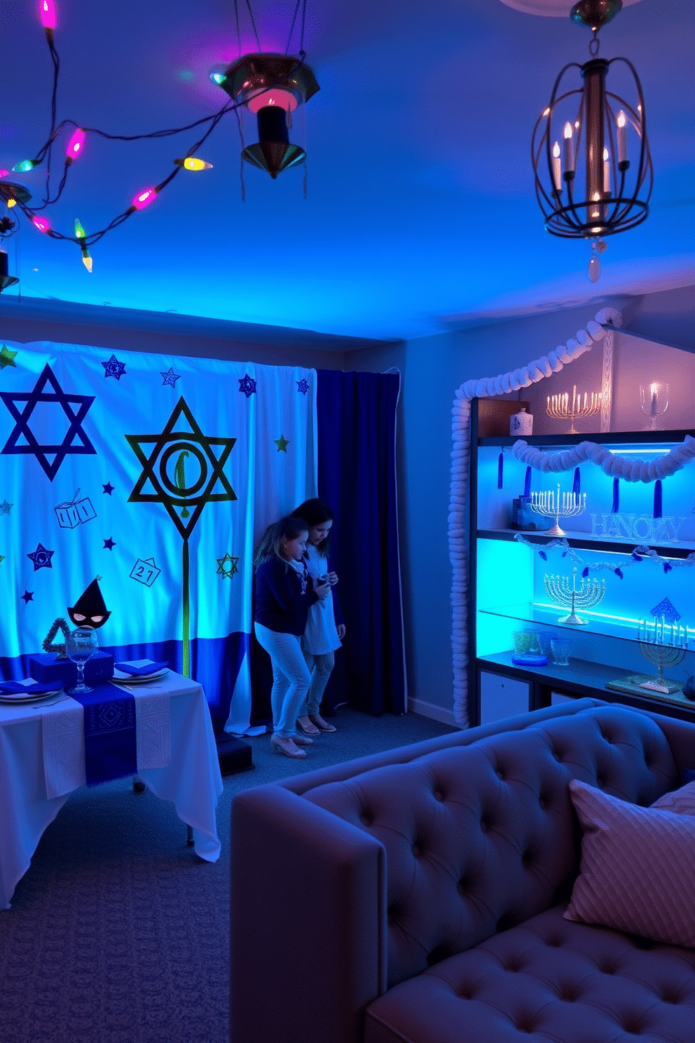 A festive Hanukkah-themed photo booth featuring a large, decorative backdrop with a Star of David and menorah designs. Colorful string lights and dreidel decorations hang from the ceiling, while a table adorned with blue and silver tableware provides props like hats and masks for guests. In the basement, create a cozy Hanukkah atmosphere with soft blue and white lighting. Decorate the walls with handmade paper chains and hang menorahs on shelves, while a plush seating area invites family and friends to gather and celebrate.