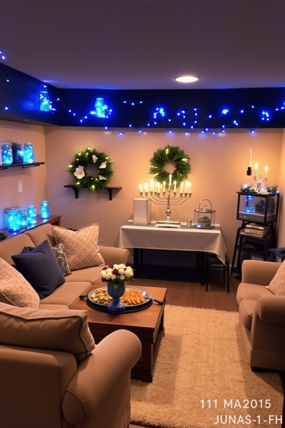 A cozy basement decorated for Hanukkah features mason jars filled with blue fairy lights, creating a warm and inviting atmosphere. The jars are strategically placed on shelves and tables, casting a gentle glow throughout the space. In addition to the fairy lights, festive decorations such as a beautifully arranged menorah and a table set with traditional foods enhance the holiday spirit. Soft, plush seating is arranged around a central coffee table, making it a perfect gathering spot for family and friends.