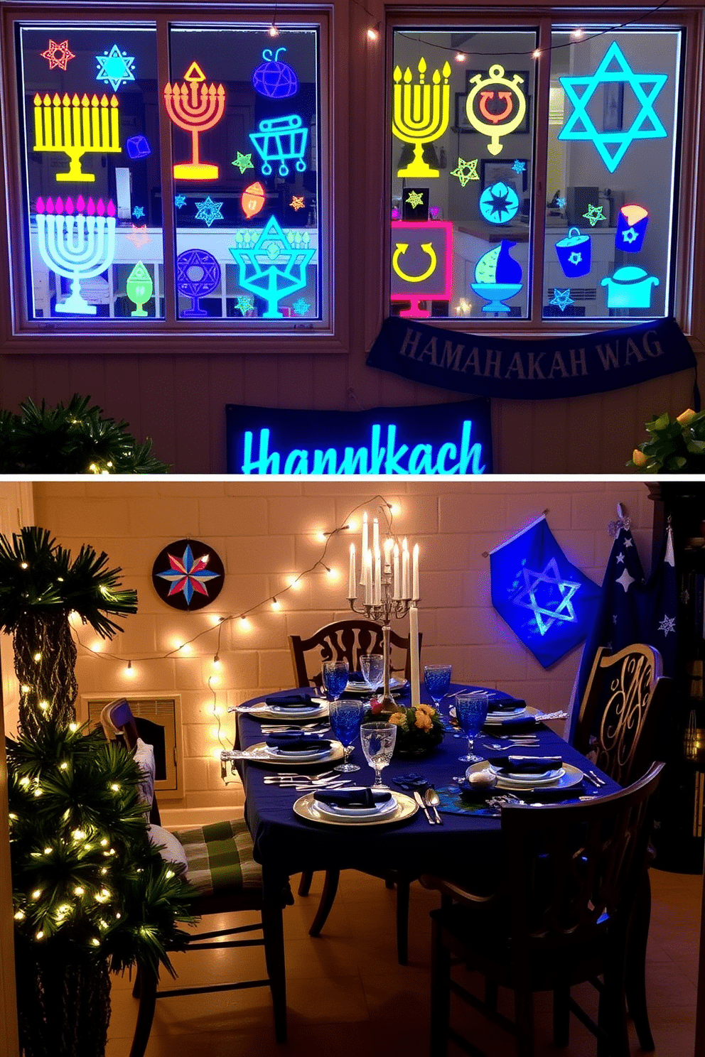 A festive scene featuring vibrant Hanukkah-themed window decals that showcase traditional symbols such as menorahs, dreidels, and Stars of David. The decals are designed in a variety of colors, creating a joyful atmosphere that celebrates the holiday spirit. A cozy basement space transformed for Hanukkah, adorned with string lights and decorative banners. The area includes a beautifully arranged table set for a festive meal, complete with blue and silver tableware, creating an inviting environment for family gatherings.