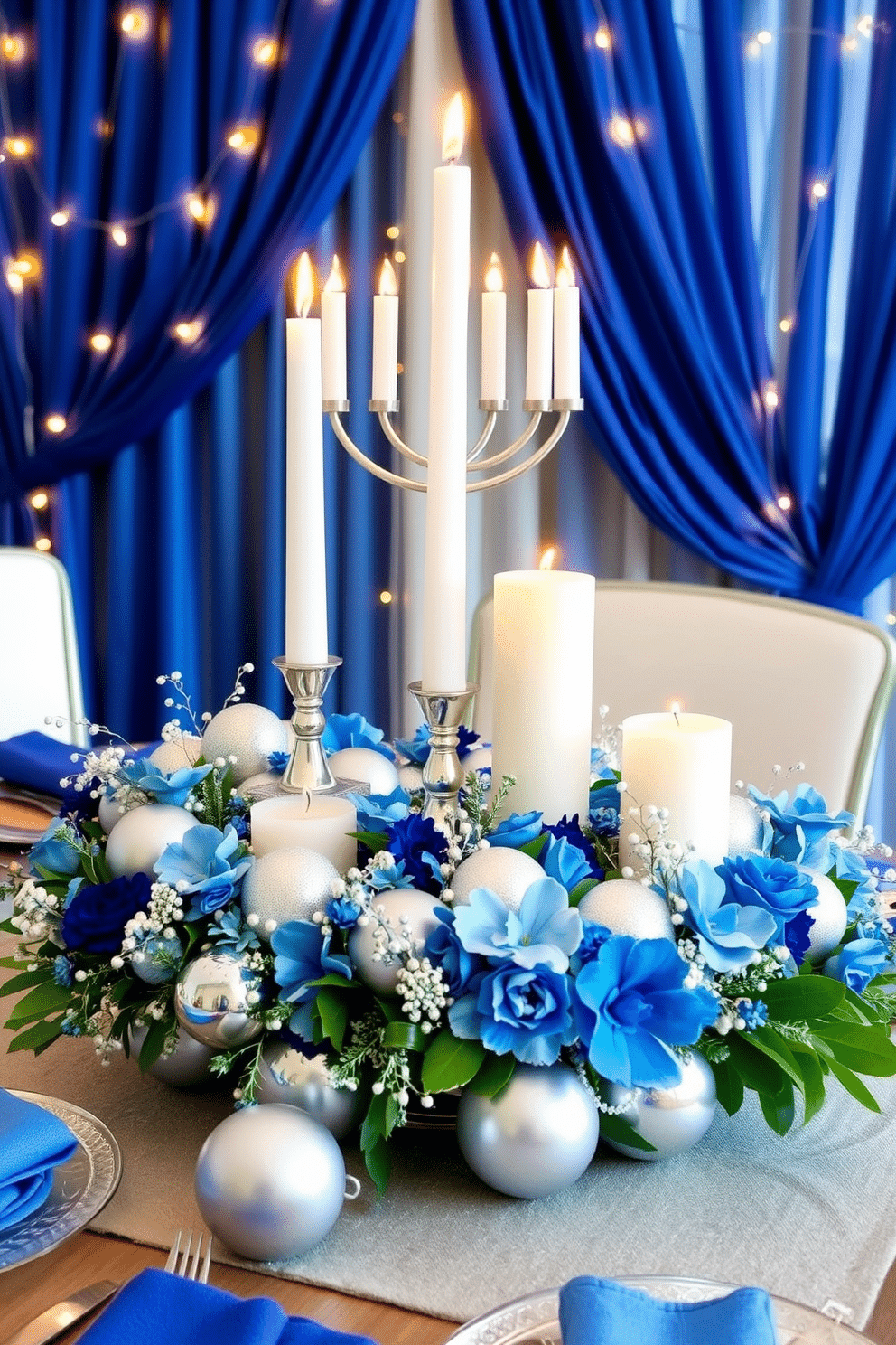 A stunning table centerpiece featuring a mix of blue and silver elements. The arrangement includes a variety of candles in different heights, surrounded by shimmering silver ornaments and delicate blue flowers. For a festive basement Hanukkah decor, create a cozy atmosphere with string lights and blue drapes. Incorporate a menorah as the focal point, complemented by silver and blue table settings that enhance the celebratory spirit.