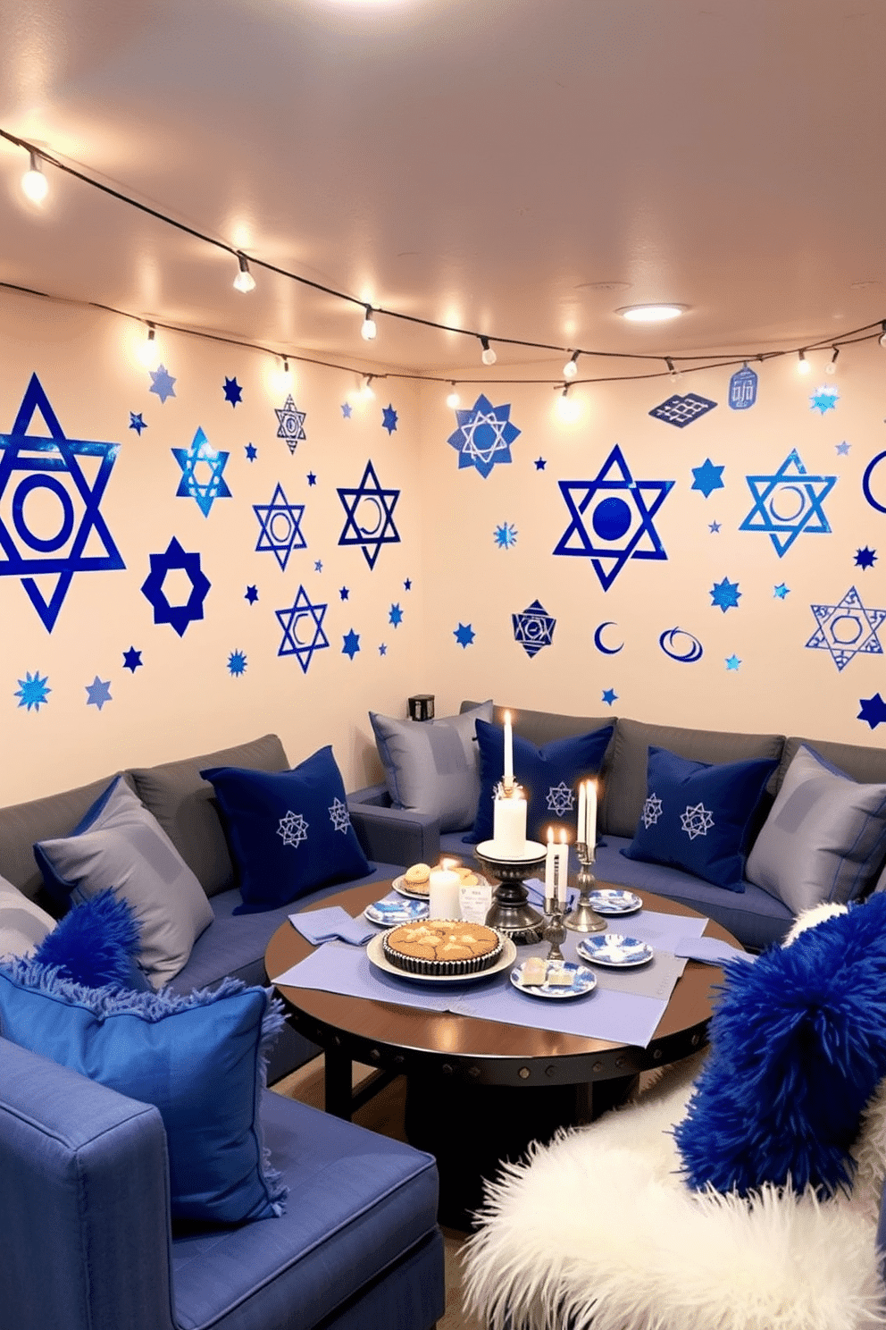 A festive basement space adorned with Hanukkah-themed wall decals featuring vibrant blue and silver designs. The walls are decorated with stars, menorahs, and dreidels, creating a cheerful and inviting atmosphere for family gatherings. Cozy seating arrangements are enhanced with plush cushions in shades of blue and white, complementing the festive decor. Soft lighting from string lights adds warmth, while a beautifully arranged table showcases traditional Hanukkah treats and candles.