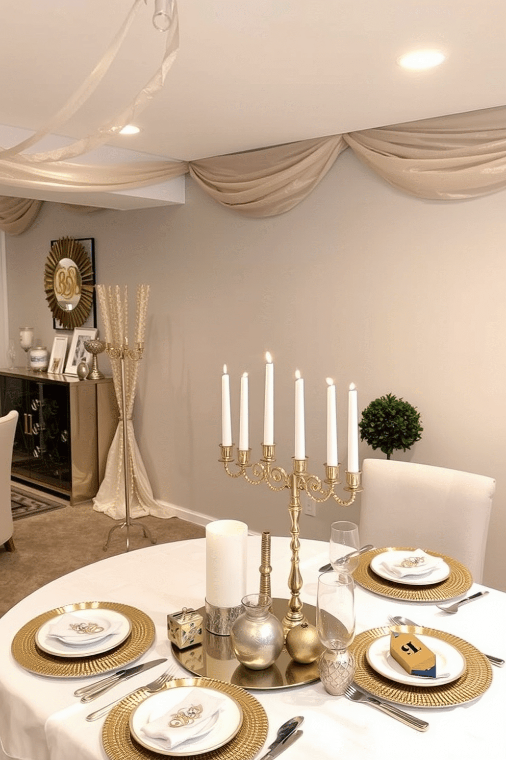 A stylish basement adorned for Hanukkah, featuring a blend of gold and silver accent pieces throughout the space. The walls are draped in soft, shimmering fabric, while a beautifully set table showcases elegant menorahs and decorative dreidels, enhancing the festive atmosphere.