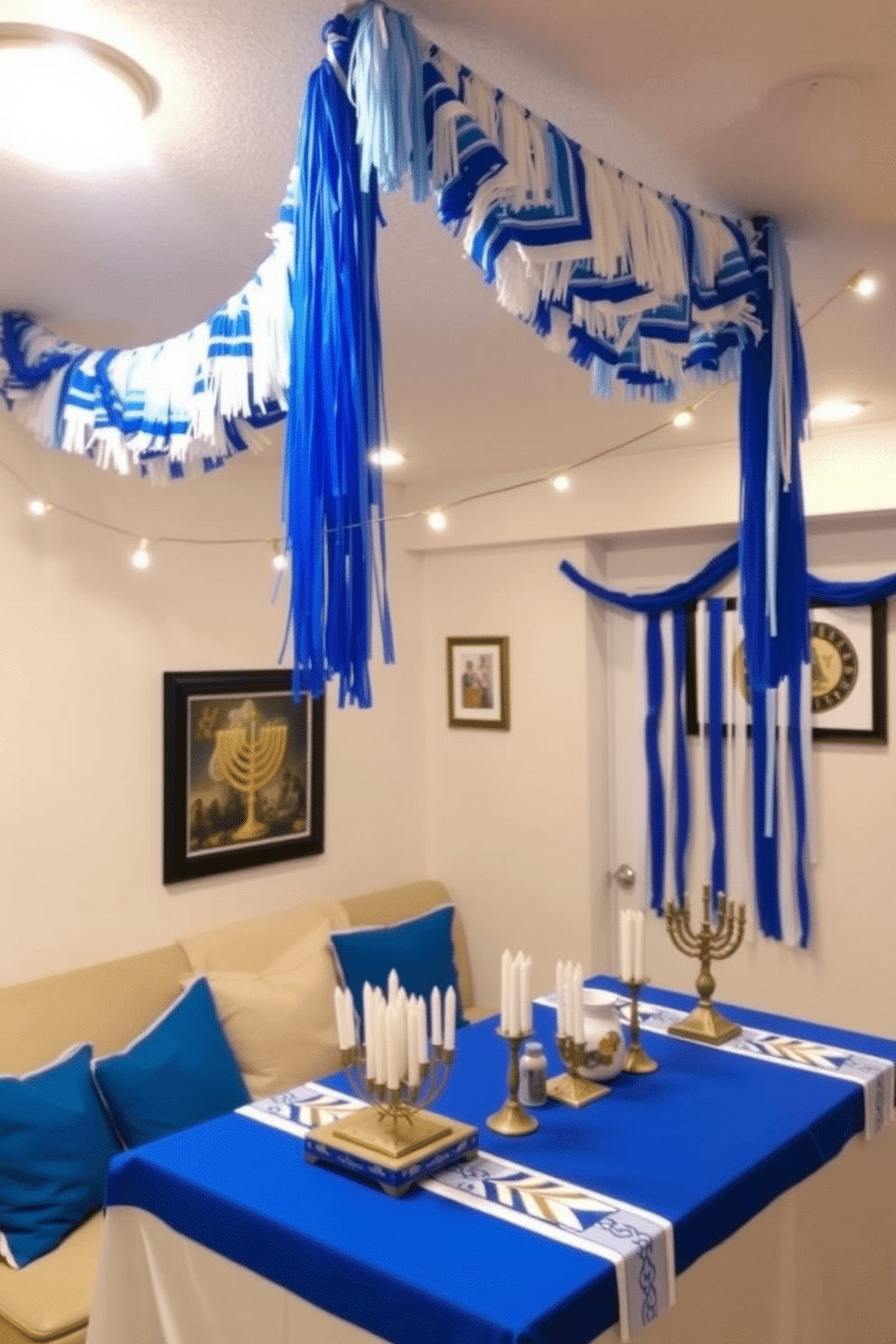 A festive basement space adorned with a blue and white tassel garland draped elegantly across the ceiling. The walls are decorated with Hanukkah-themed artwork, and a cozy seating area features plush cushions in coordinating colors. A beautifully set table showcases a blue tablecloth with white accents, topped with decorative menorahs and candles. String lights twinkle softly overhead, creating a warm and inviting atmosphere for celebrating the holiday.