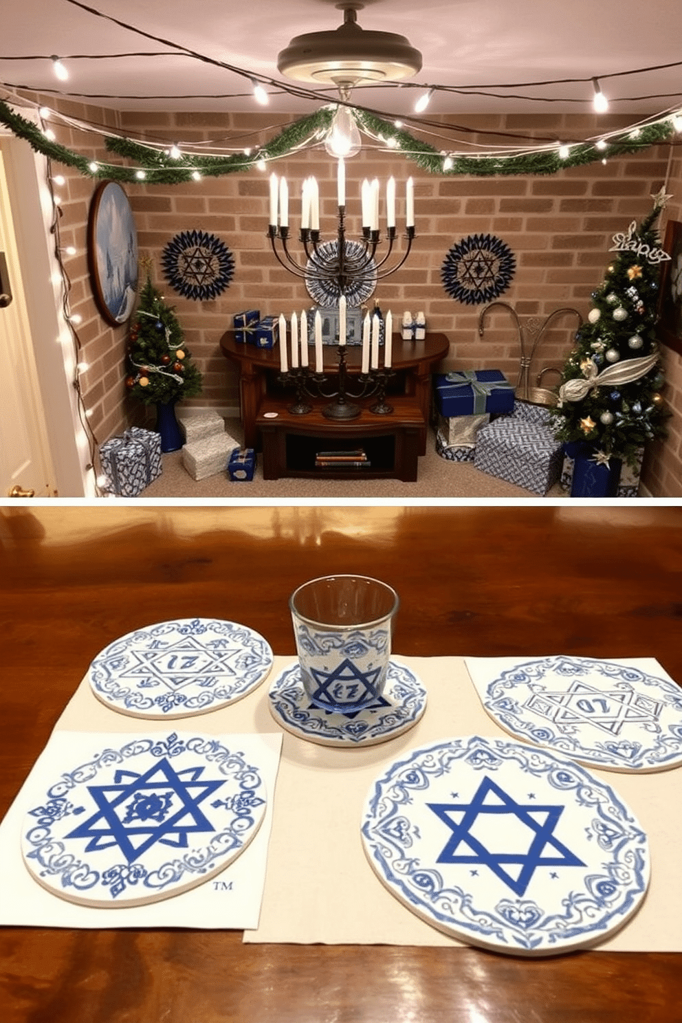 A set of Hanukkah-themed coasters and placemats featuring intricate blue and white designs, adorned with traditional symbols such as menorahs and dreidels. The coasters are made of durable ceramic, while the placemats are crafted from soft fabric, creating a festive yet elegant dining experience. The basement is transformed into a cozy Hanukkah celebration space, with string lights illuminating the room and a large menorah as the centerpiece. Festive decorations include blue and silver accents, along with a display of wrapped gifts and a table set with the themed coasters and placemats.