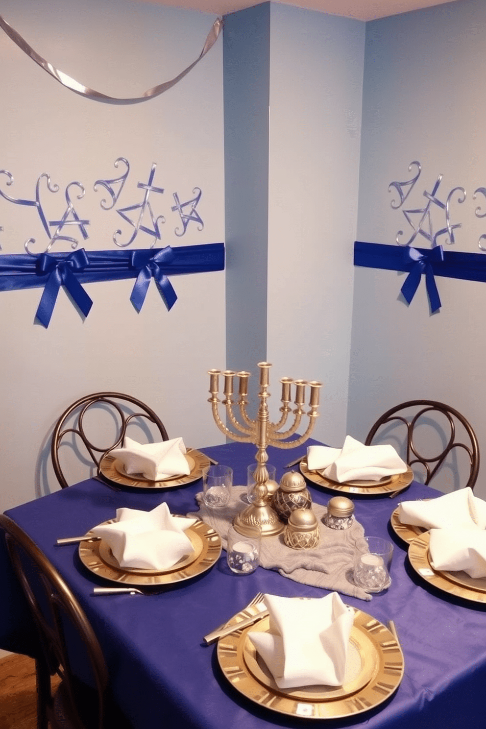 A cozy basement space decorated for Hanukkah features soft blue walls adorned with silver and blue ribbon accents, creating a festive atmosphere. A beautifully set table with a blue tablecloth showcases a silver menorah at the center, surrounded by decorative dreidels and shimmering ornaments.